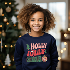 Holly jolly cheerleader sweatshirt for Christmas.  Sized for toddlers, kids, and teens.