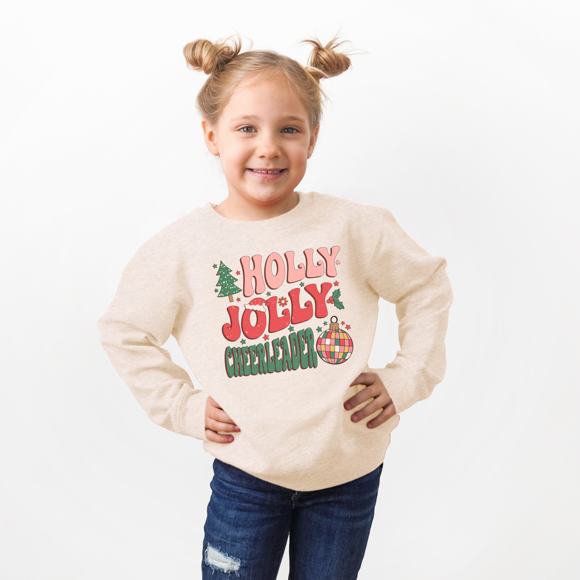 Holly jolly cheerleader sweatshirt for Christmas.  Sized for toddlers, kids, and teens.