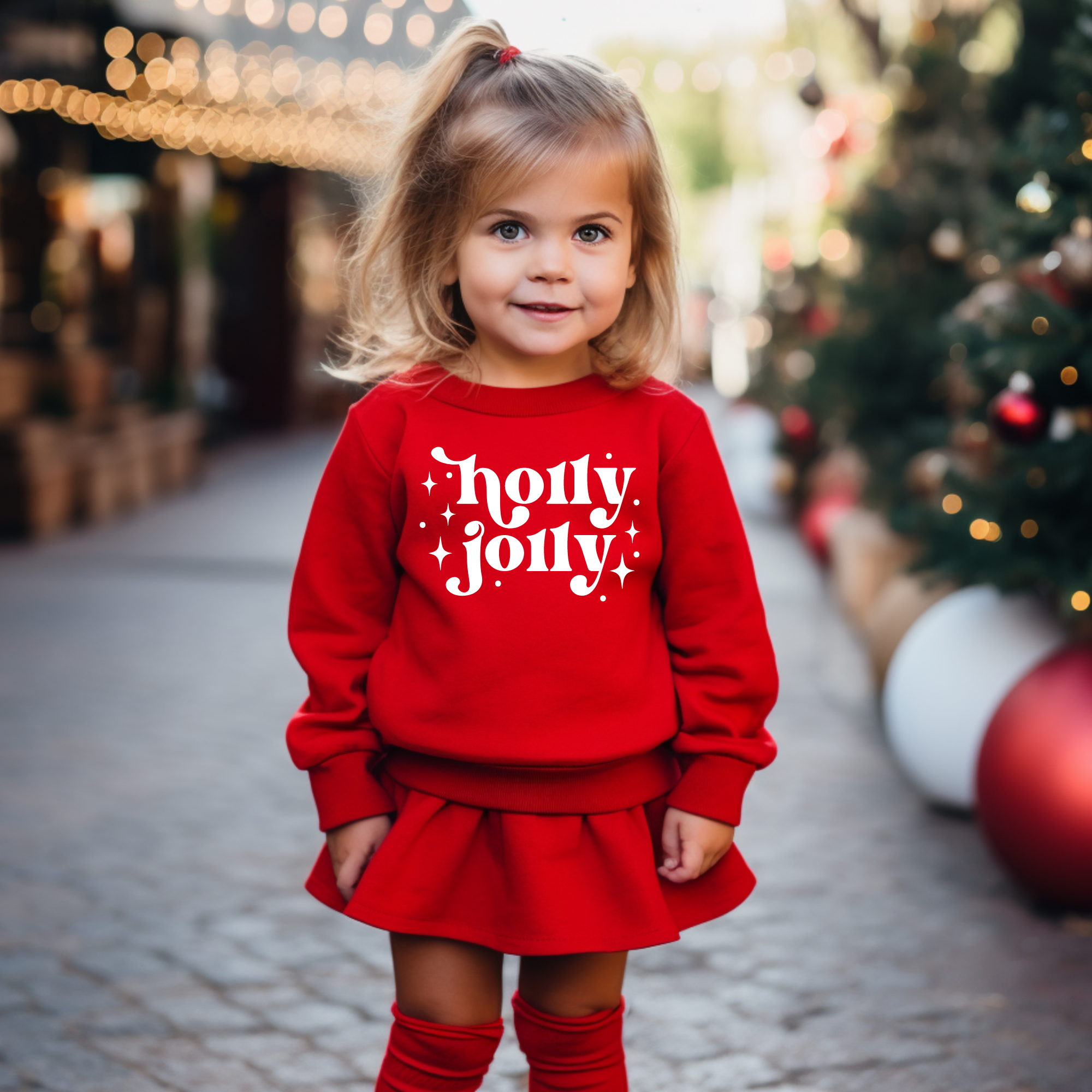 Holly jolly toddler christmas sweatshirt in red with white text and little stars