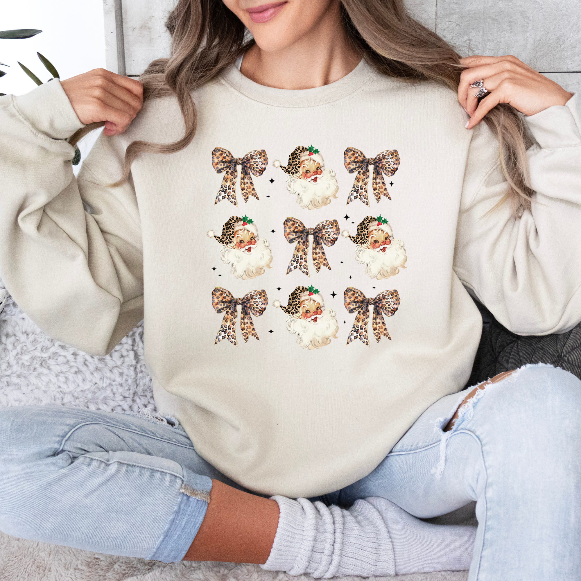 leopard santa coquette bow womens sweatshirt with a retro design
