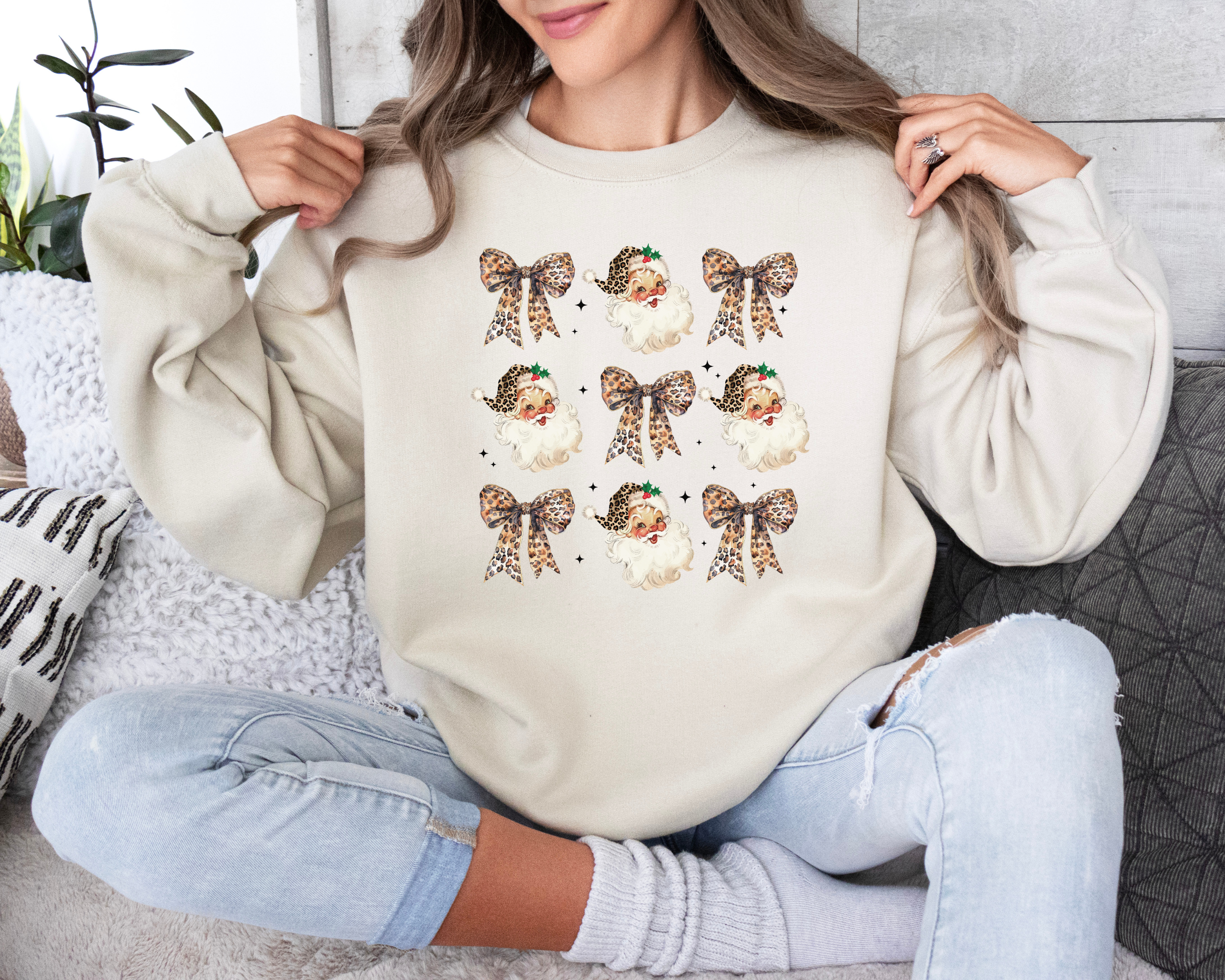 leopard santa coquette bow womens sweatshirt with a retro design