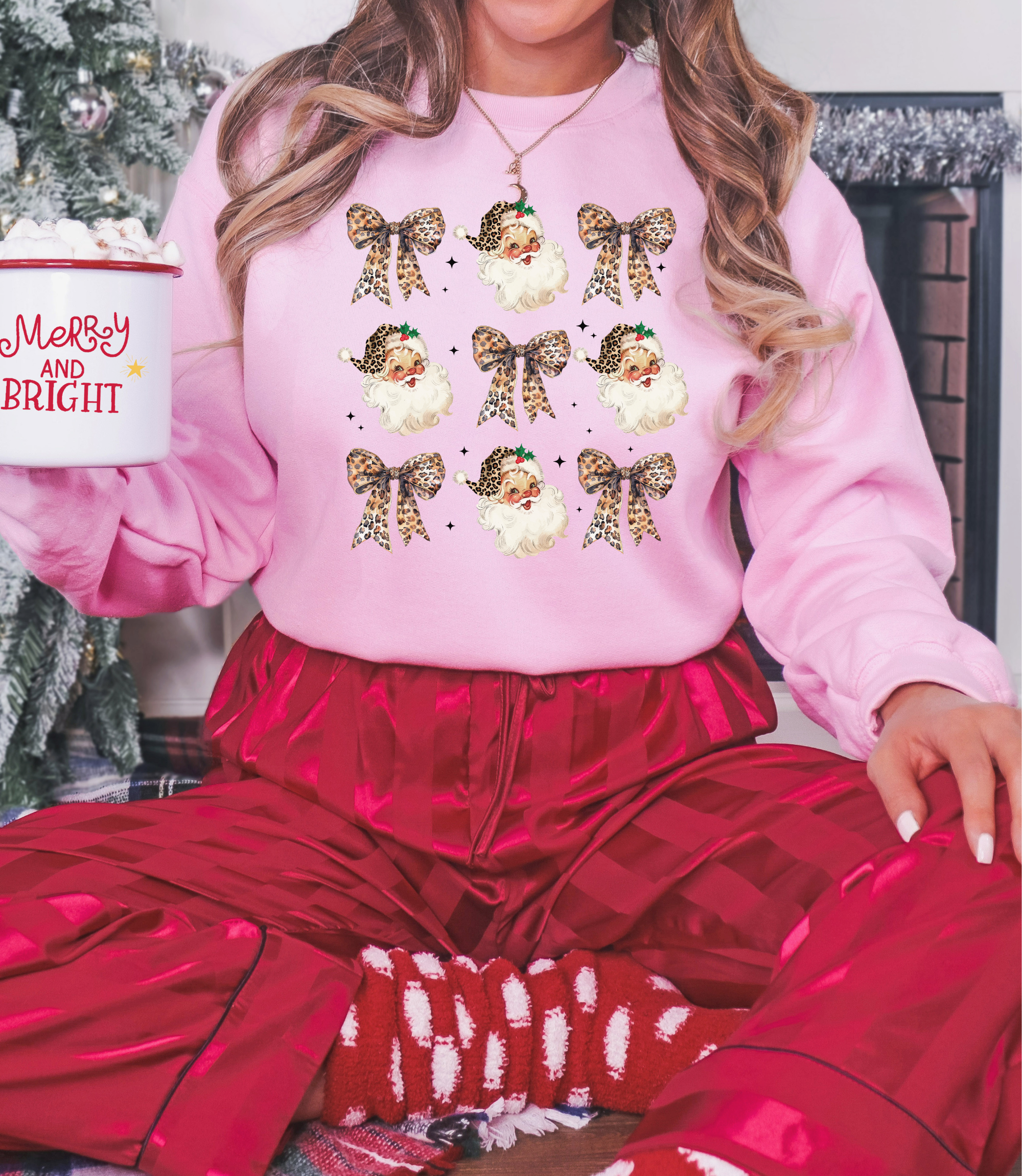 leopard santa coquette bow womens sweatshirt with a retro design