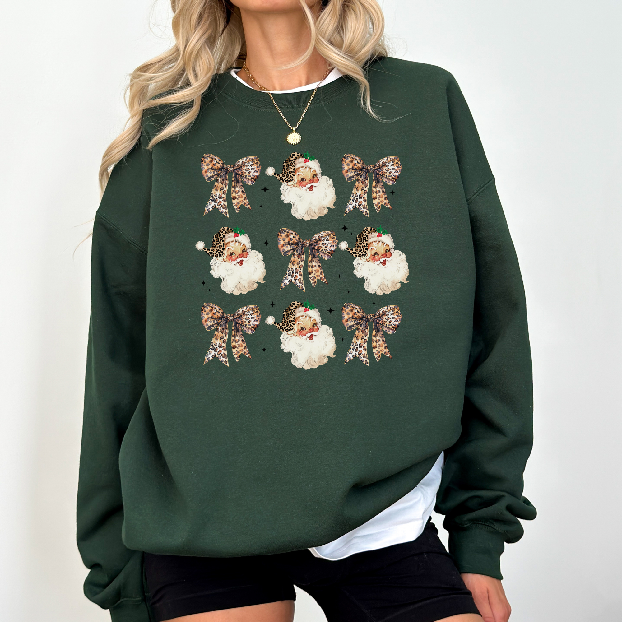 leopard santa coquette bow womens sweatshirt with a retro design
