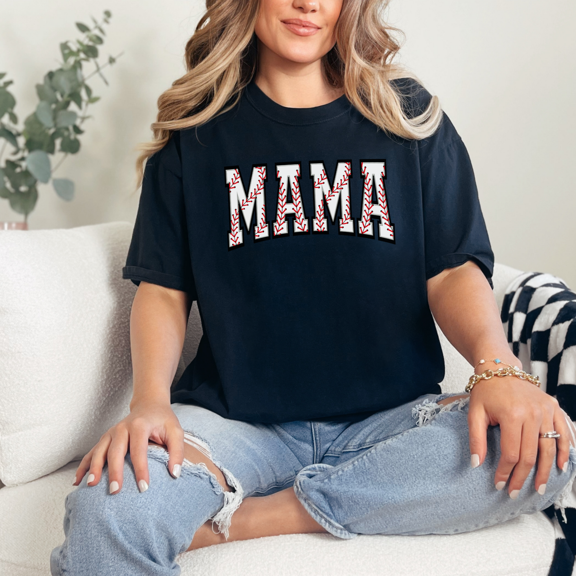 baseball mom shirt that says baseball mama in a baseball print design.