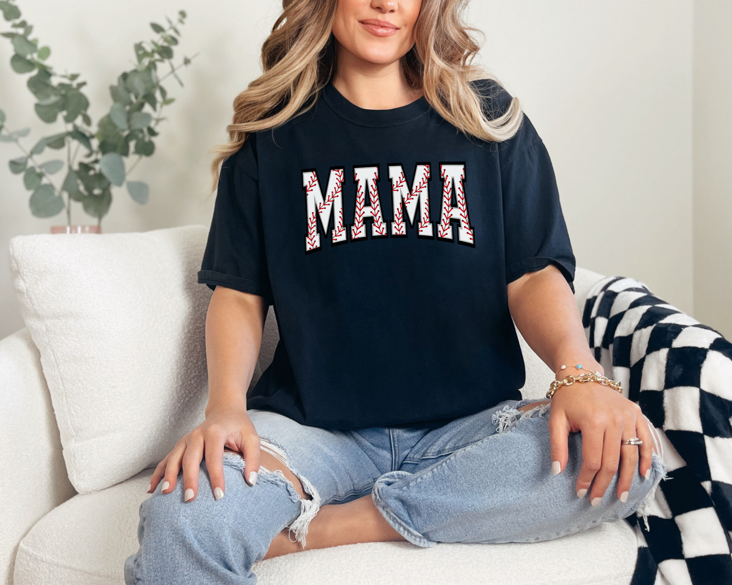 baseball mom shirt that says baseball mama in a baseball print design.