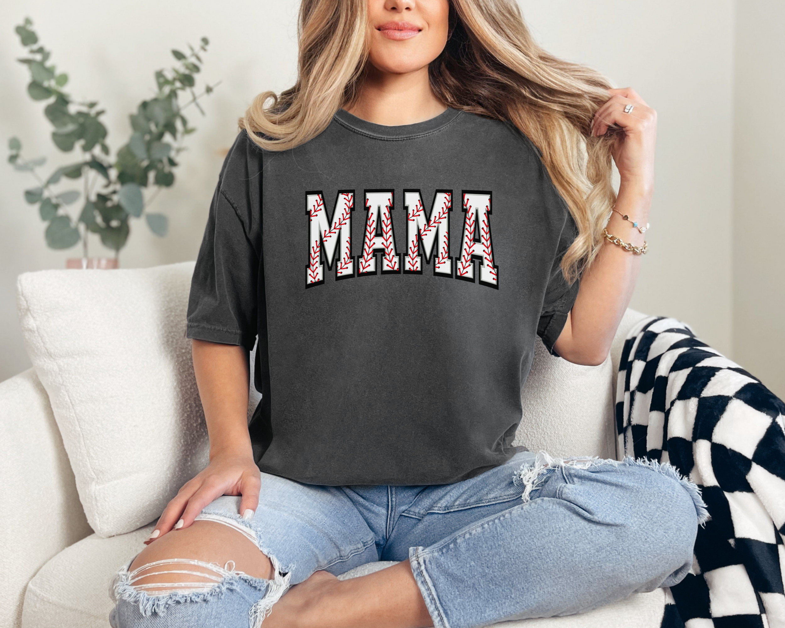baseball mom shirt that says baseball mama in a baseball print design.