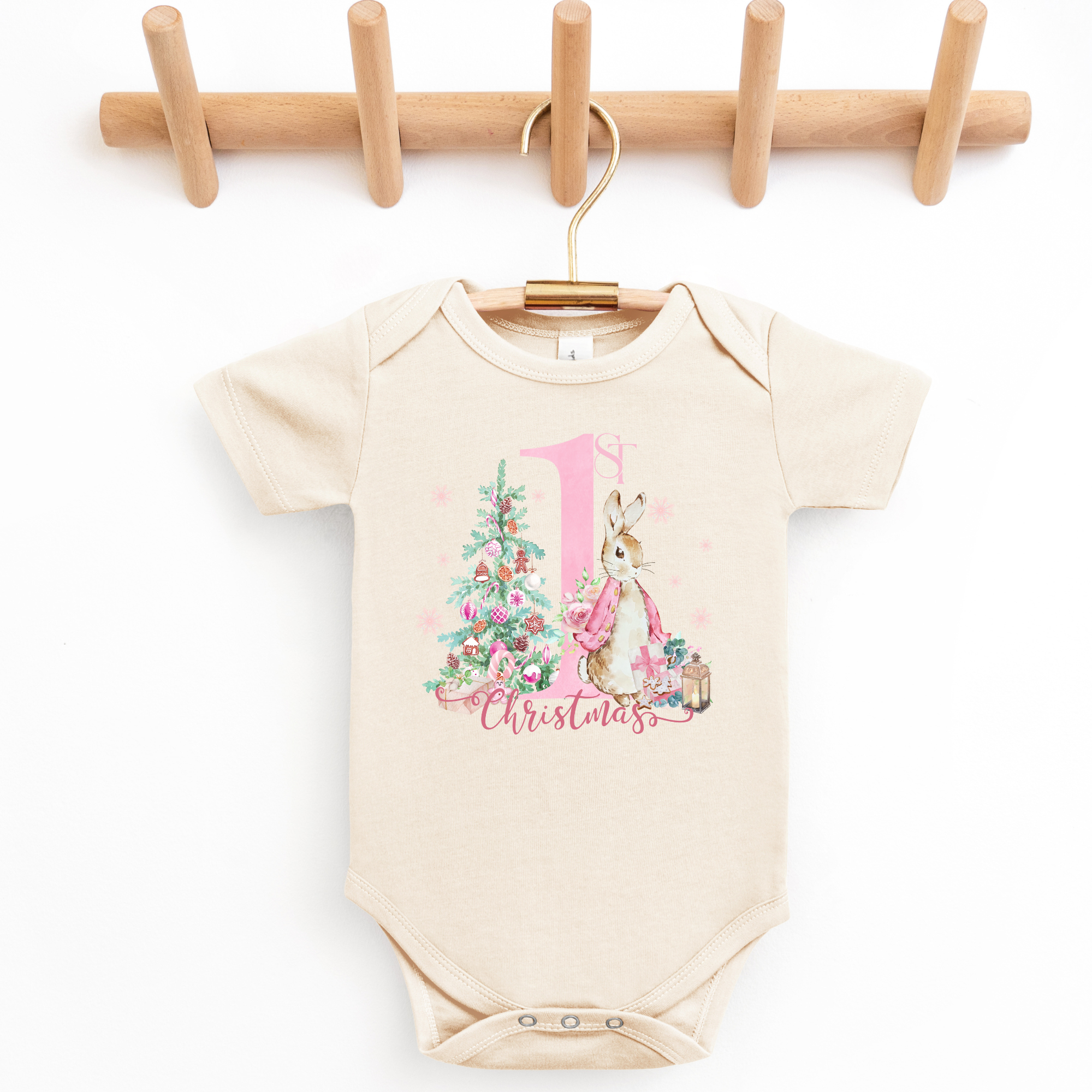 my first christmas pink bunny onesie for infants and babies