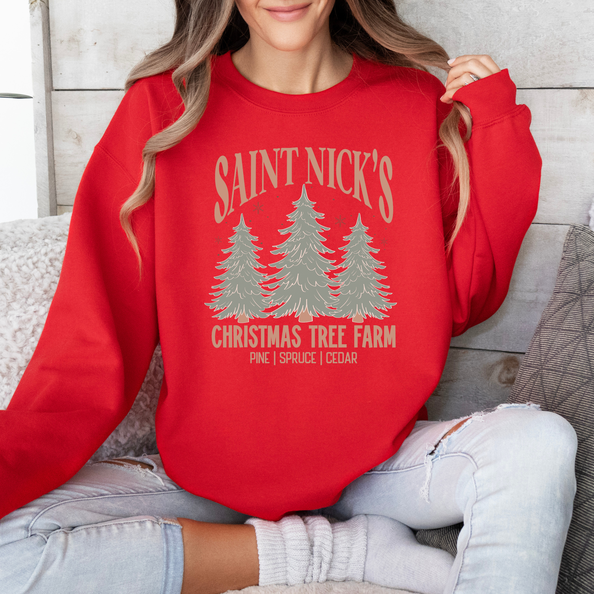 womens christmas tree farm sweatshirt
