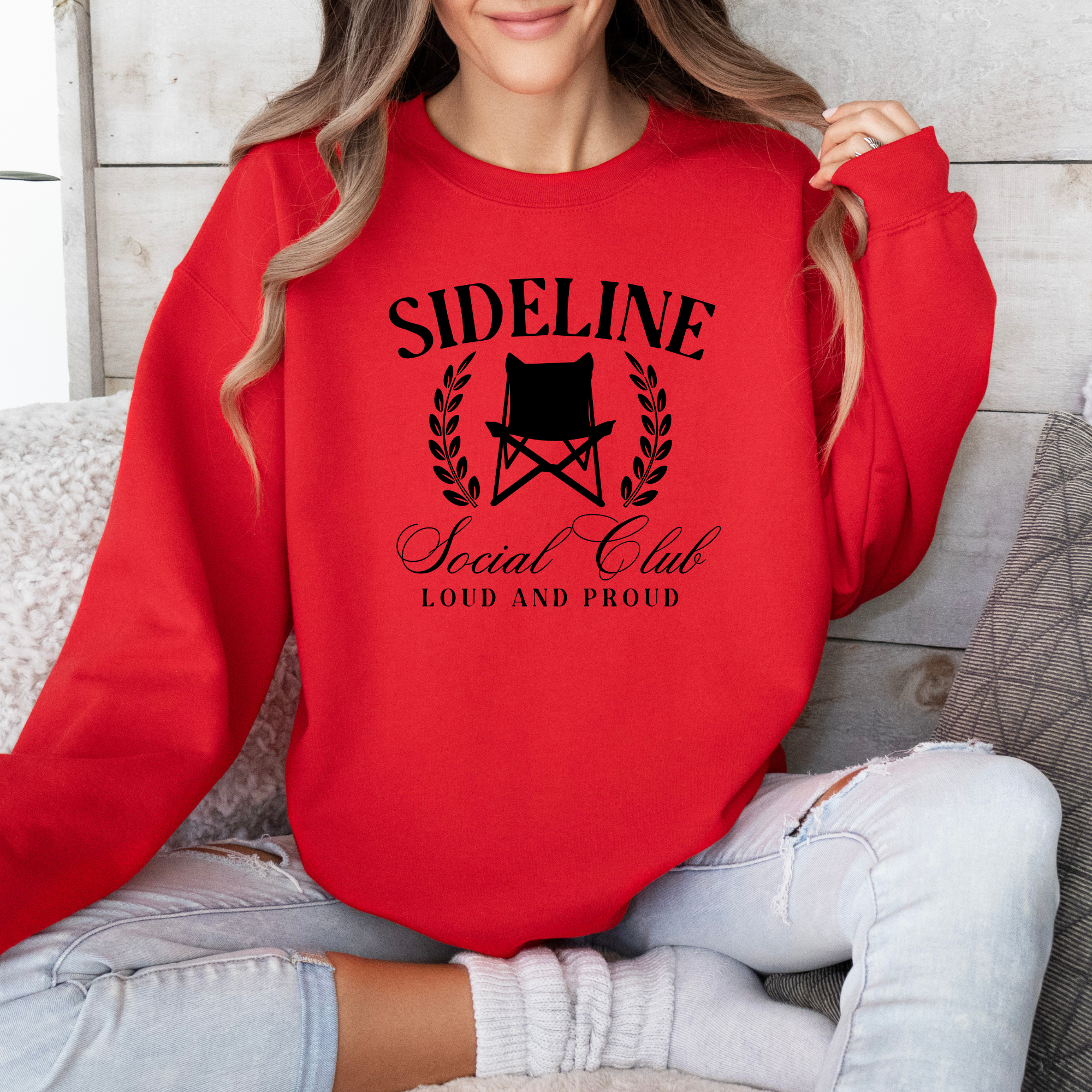 sports mom sweatshirt that says sideline social club loud and proud.