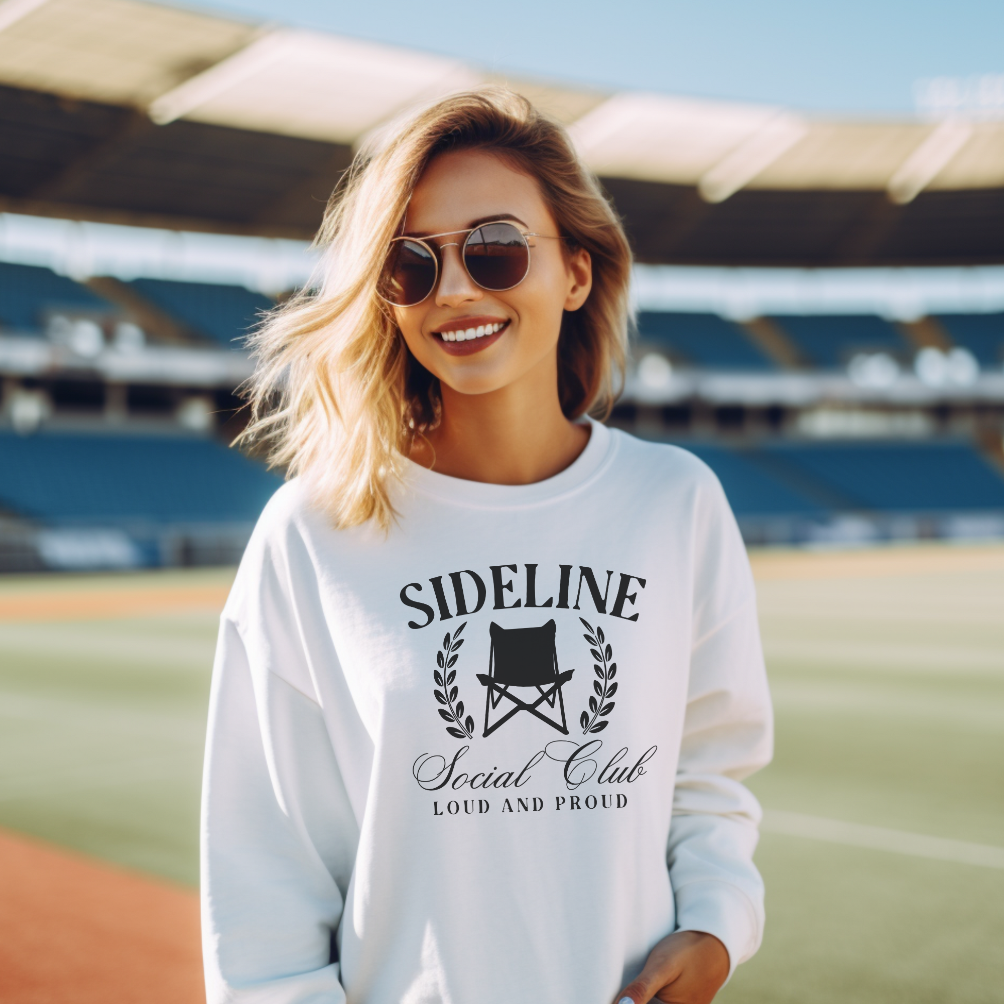 sports mom sweatshirt that says sideline social club loud and proud.