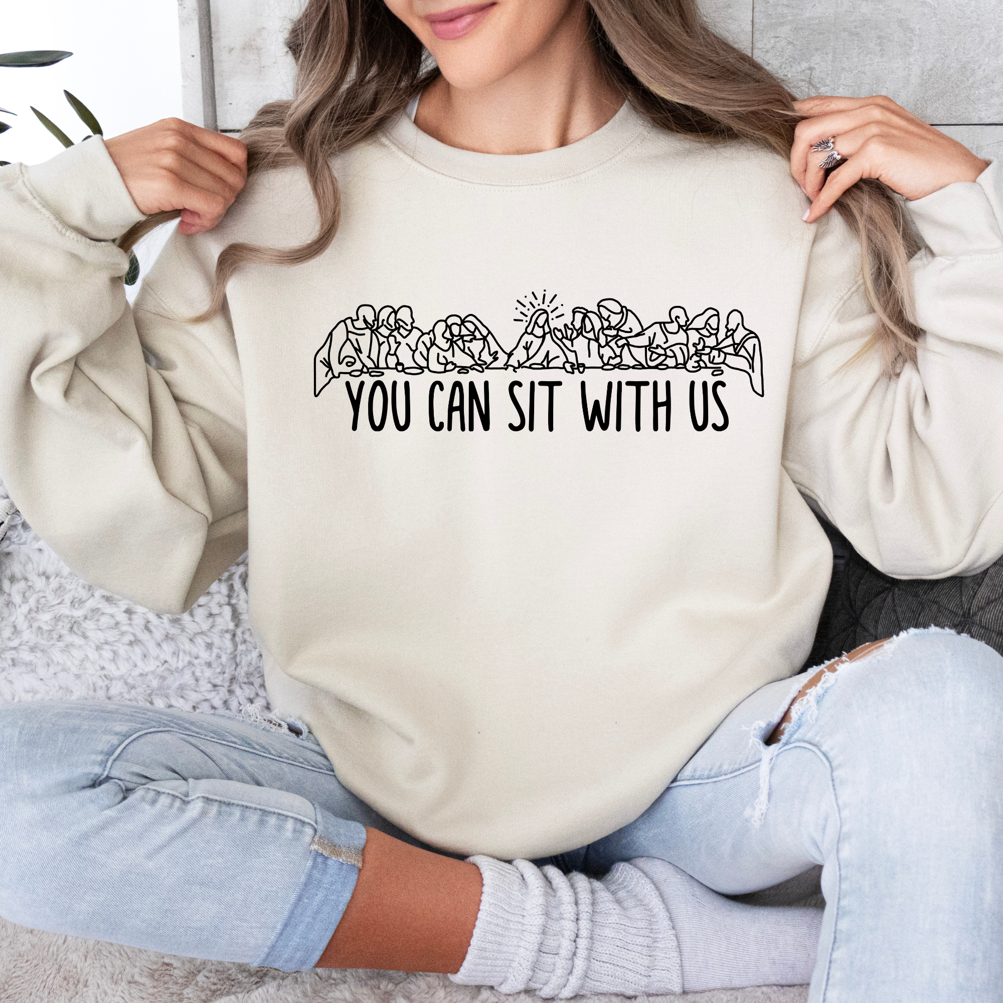 You can sit with us women's easter sweatshirt that portrays The Last Supper