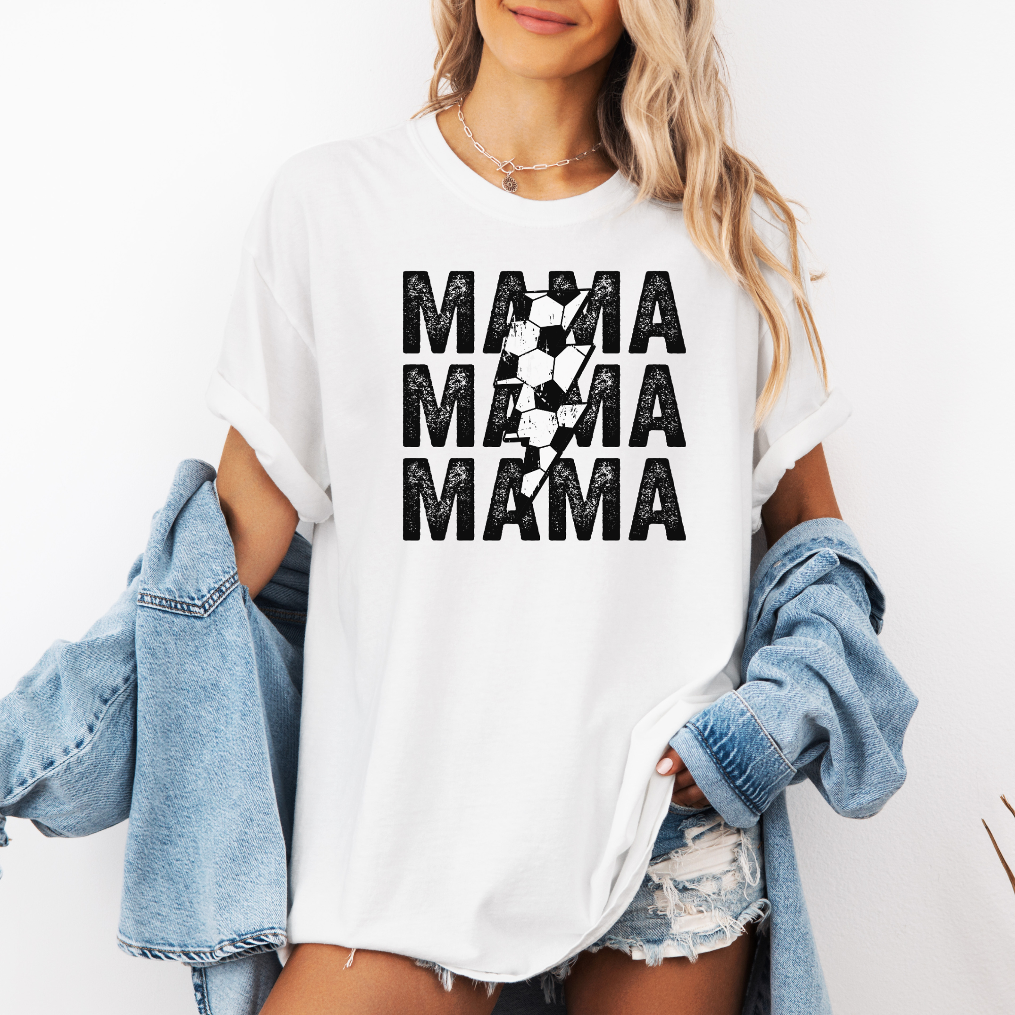 soccer mom tshirt that says soccer mama with a distressed soccer lightening bolt.
