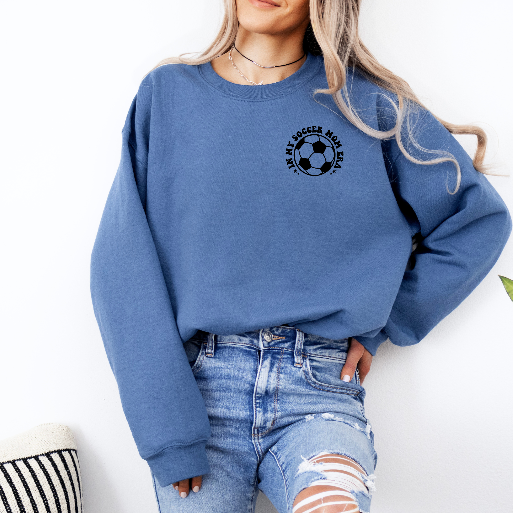 In my soccer mom era. Soccer mom sweatshirt in indigo.