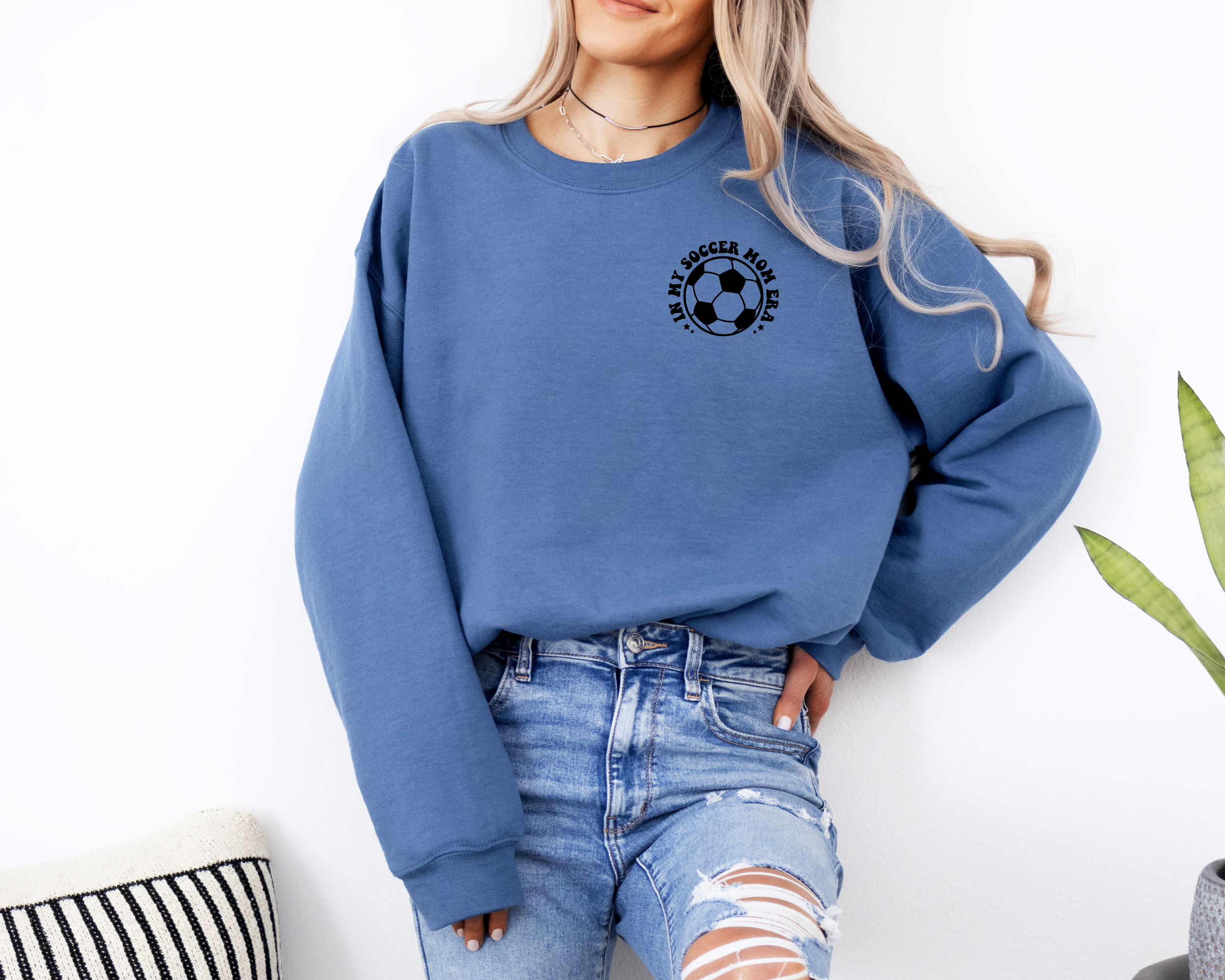 In my soccer mom era. Soccer mom sweatshirt in indigo.