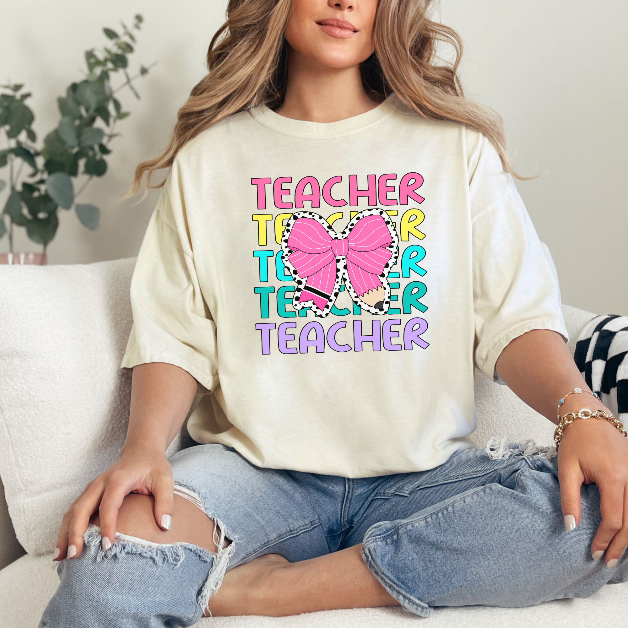 Teacher stacked with bow tshirt