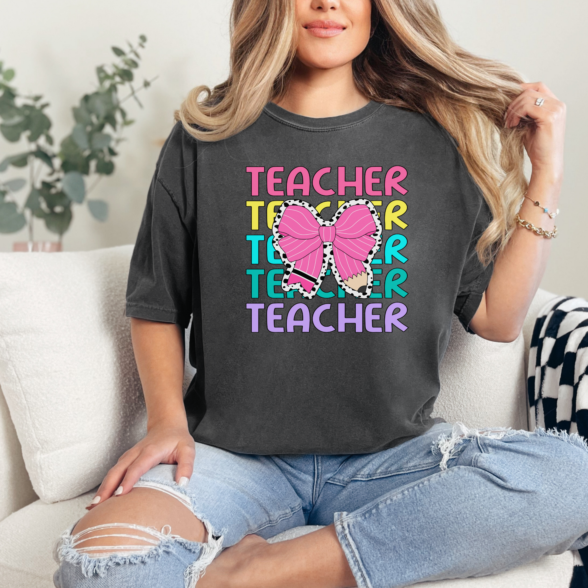 Teacher stacked with bow tshirt