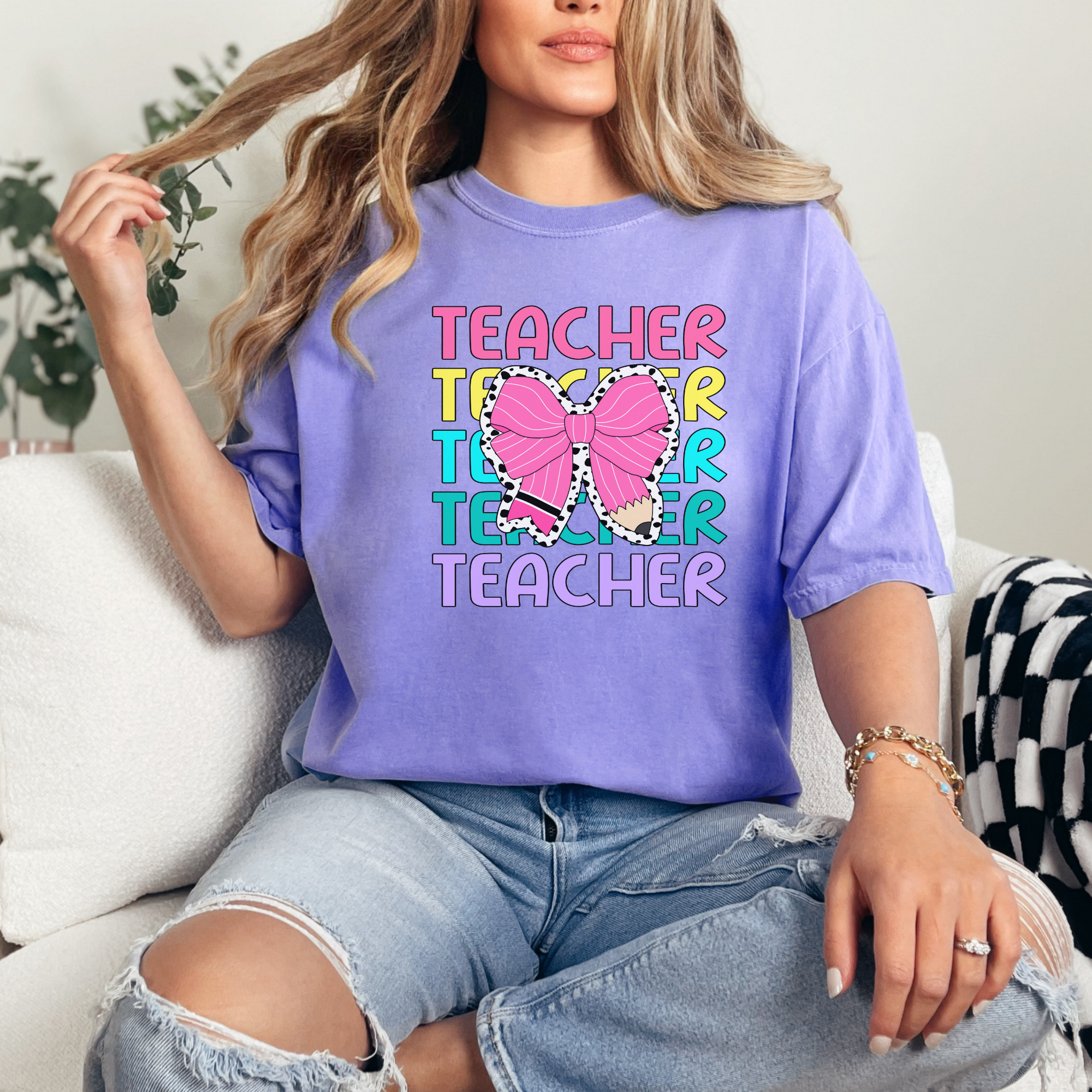 Teacher stacked with bow tshirt