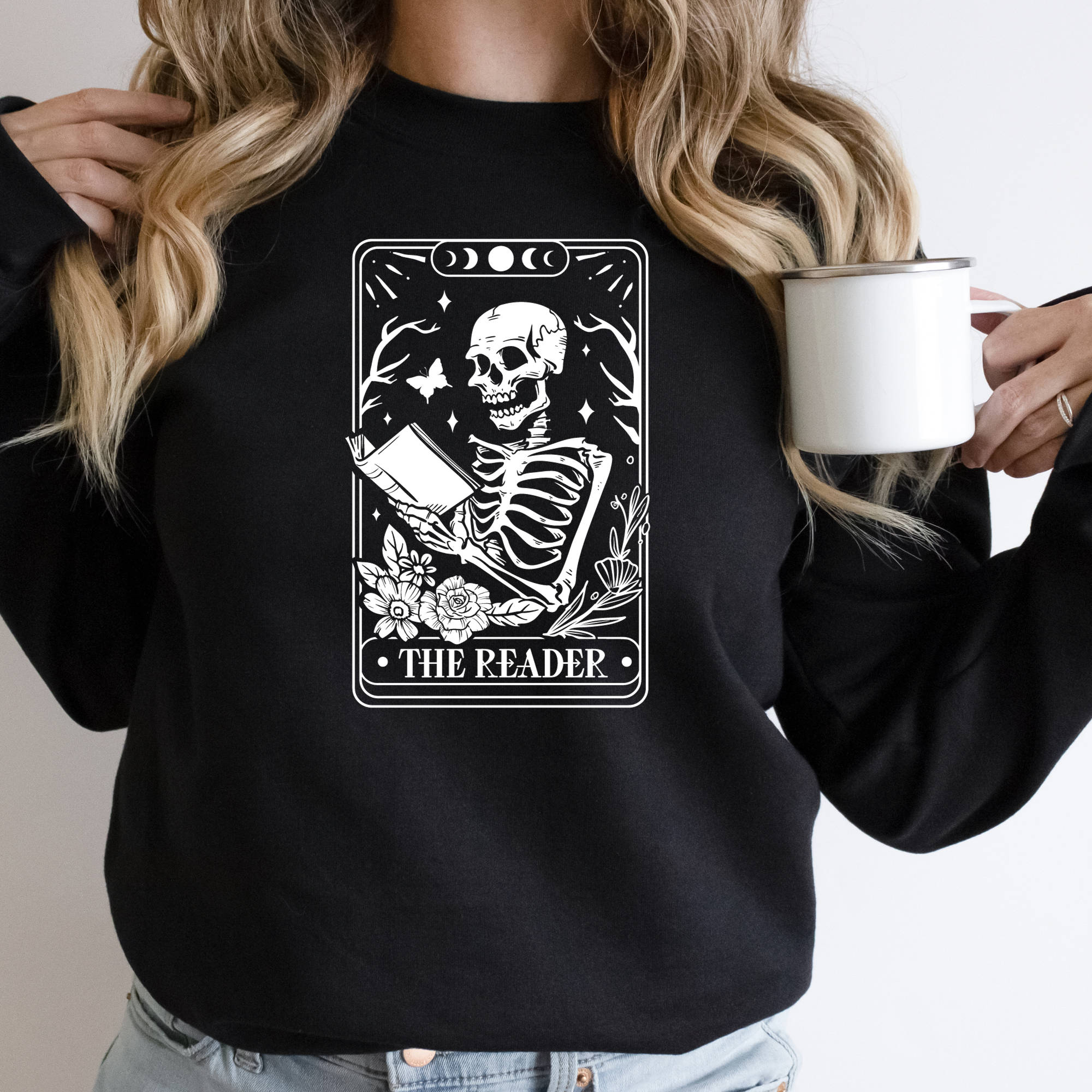 Book lover sweatshirt that features a tarot card that says the reader.  Women's sweatshirt.