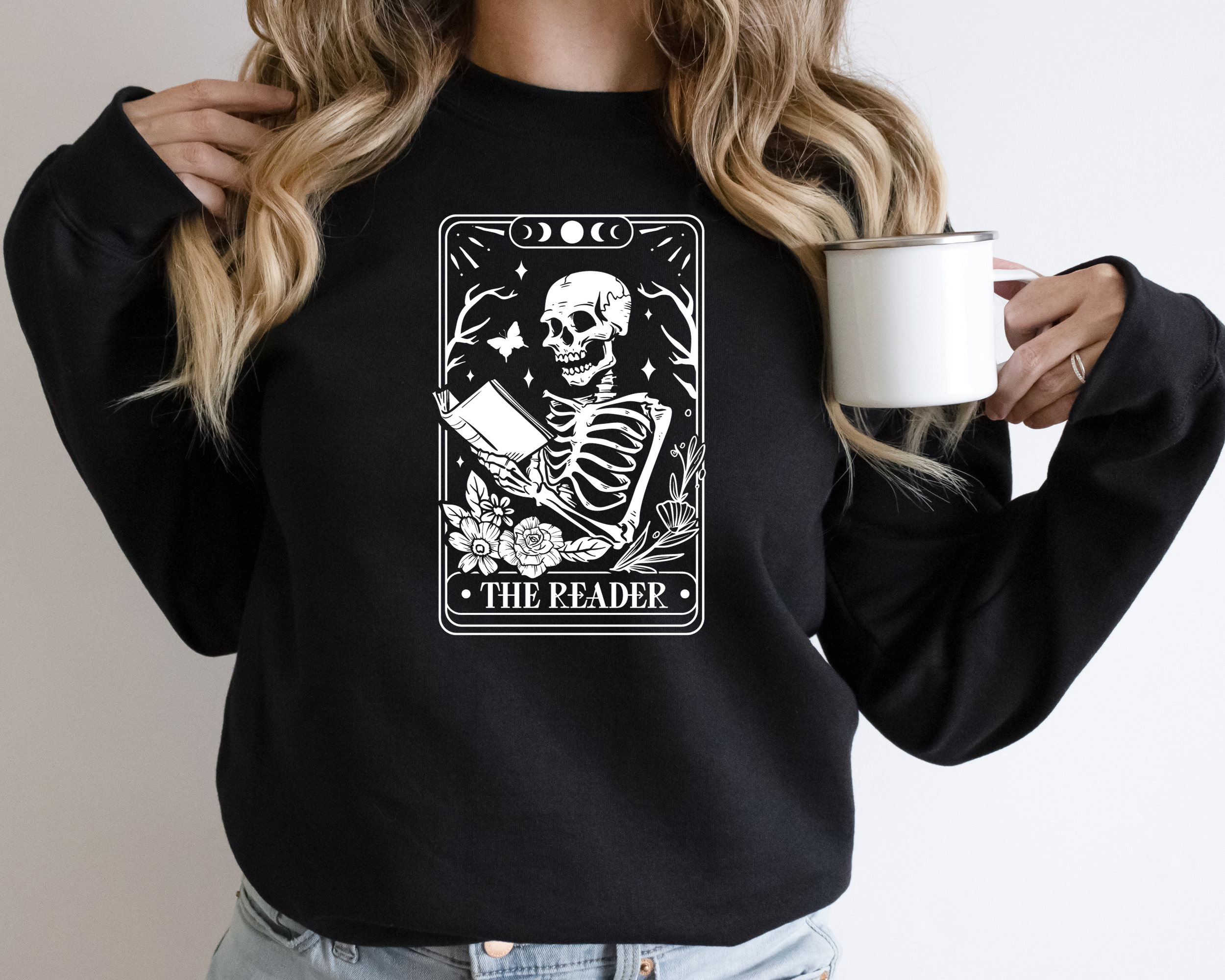 Book lover sweatshirt that features a tarot card that says the reader.  Women's sweatshirt.