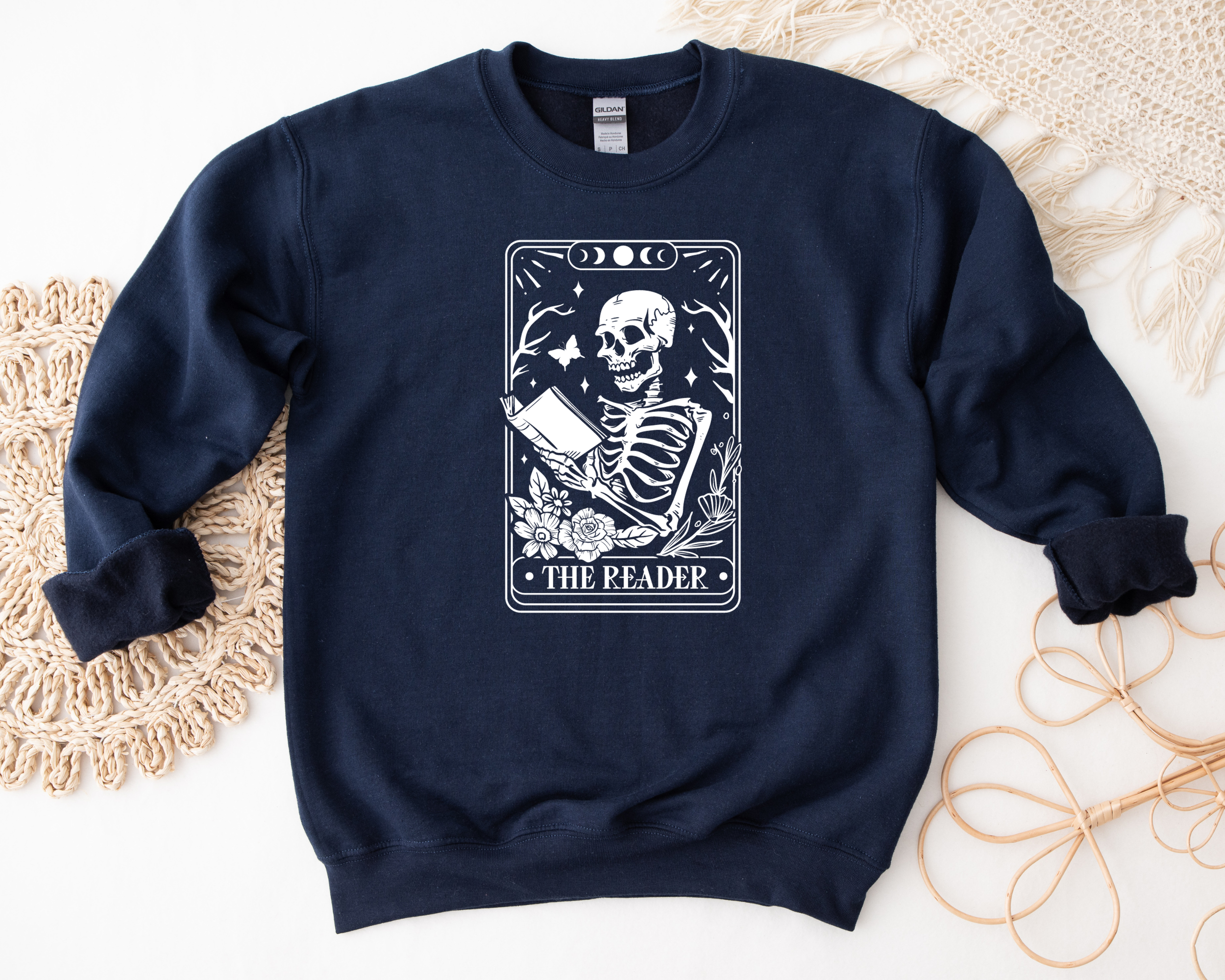 Book lover sweatshirt that features a tarot card that says the reader.  Women's sweatshirt.