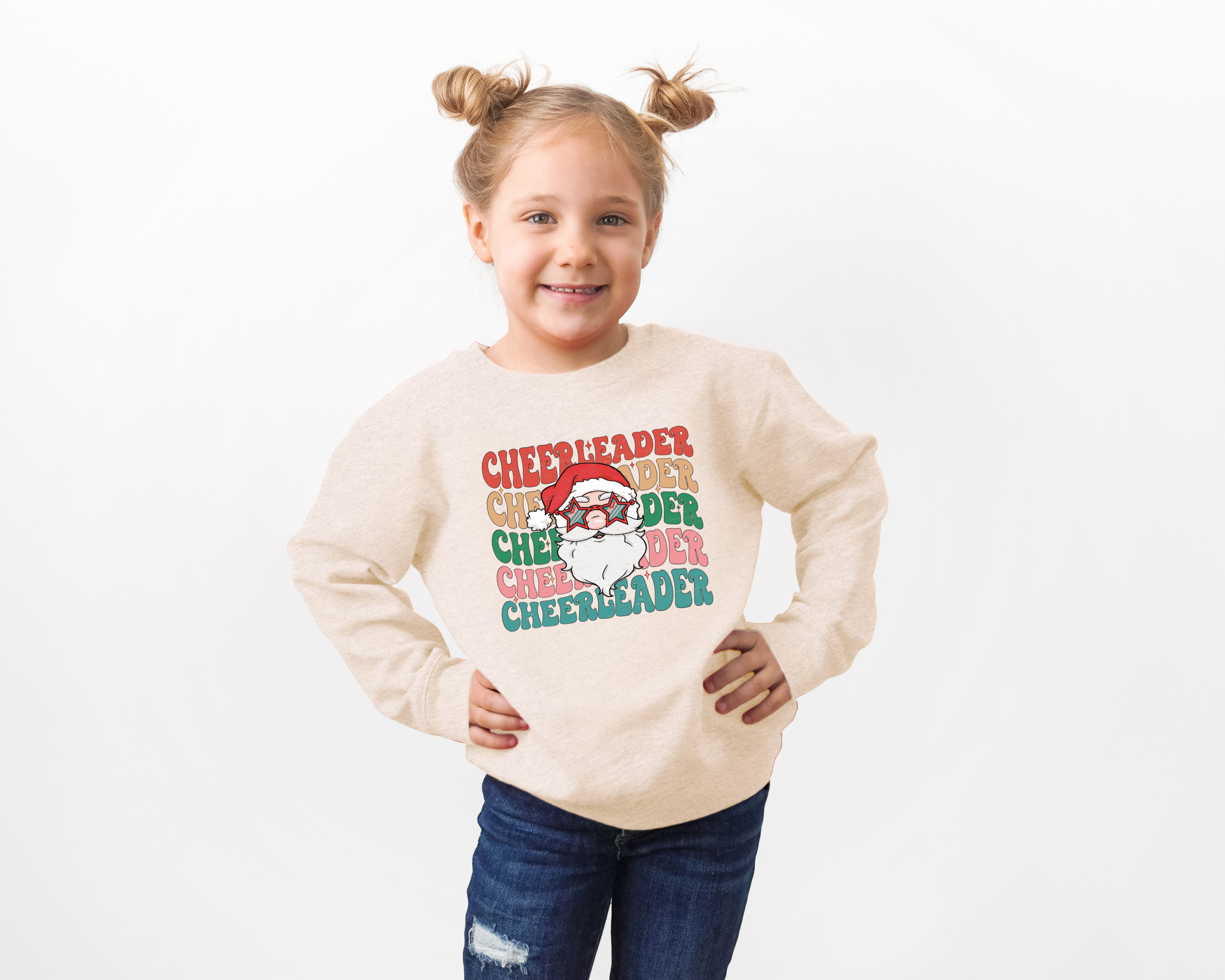 Retro cheerleader christmas sweathirt with santa claus wearing glasses.