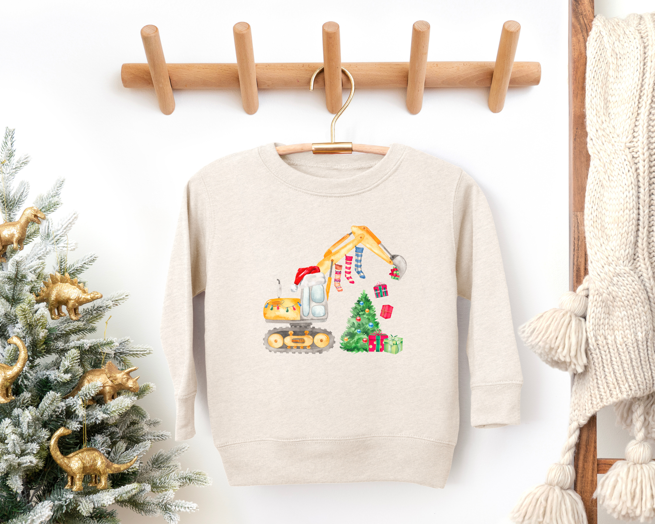 Excavator construction equipment christmas sweatshirt for the holidays.  Made in toddler and kid sizes.