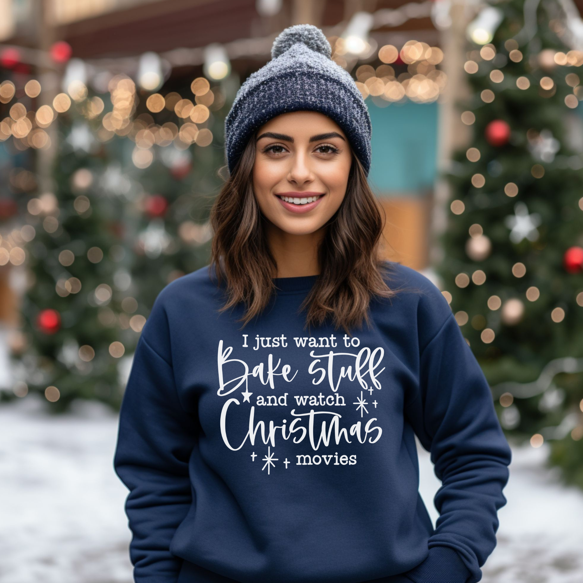 womens christmas sweatshirt that says I just want to bake stuff and watch christmas movies.