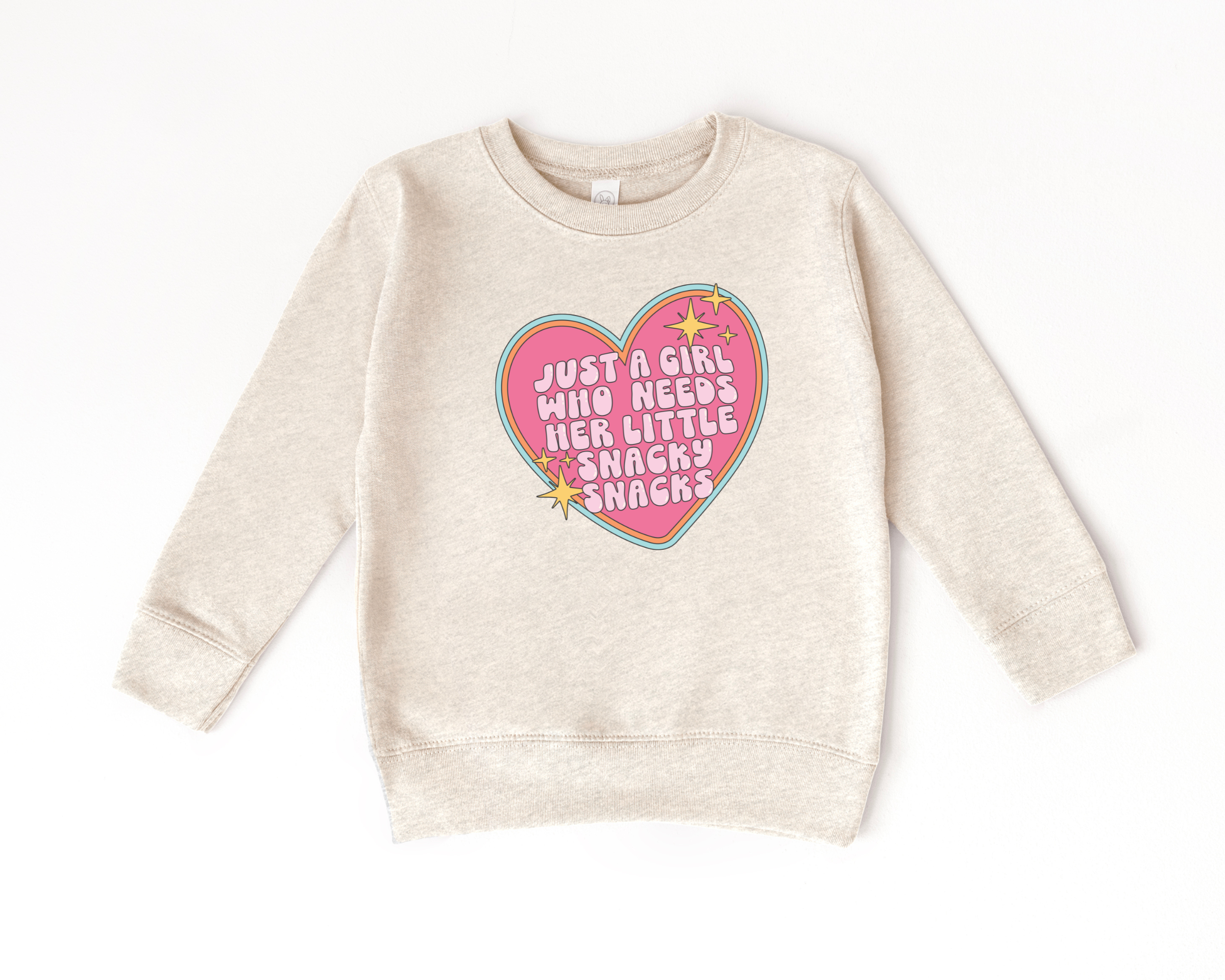funny girls sweatshirt that says "just a girl who needs here little snacky snacks."