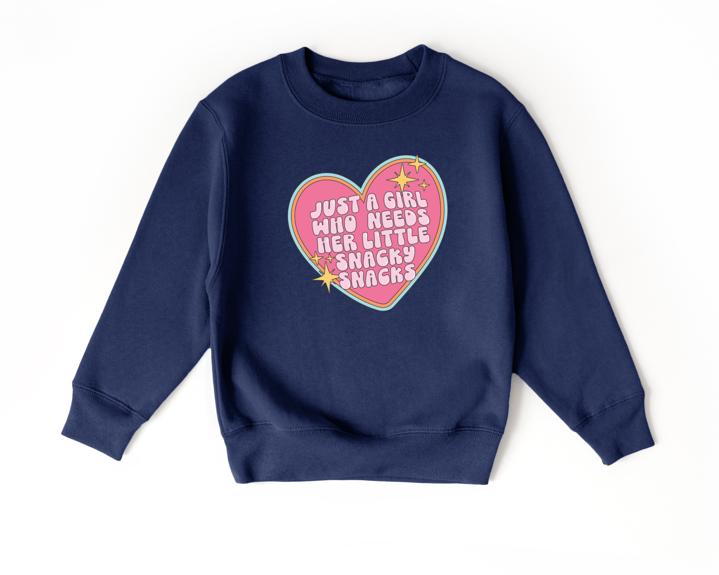 funny girls sweatshirt that says "just a girl who needs here little snacky snacks."