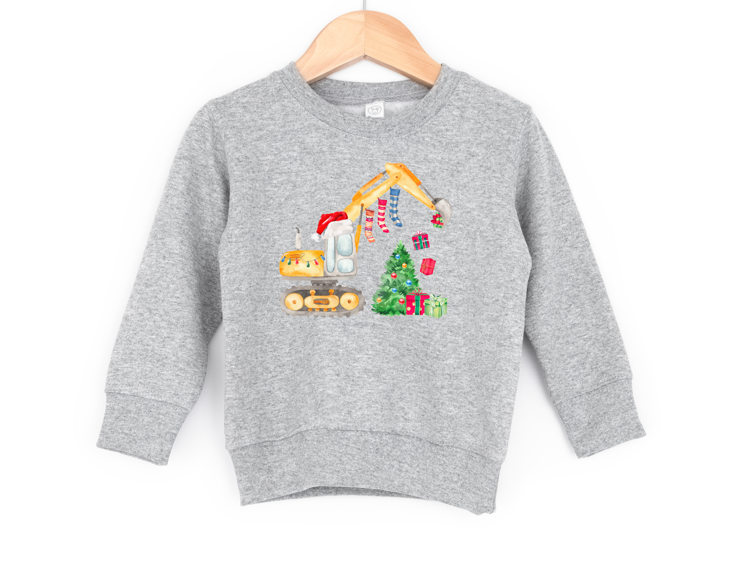 Excavator construction equipment christmas sweatshirt for the holidays.  Made in toddler and kid sizes.