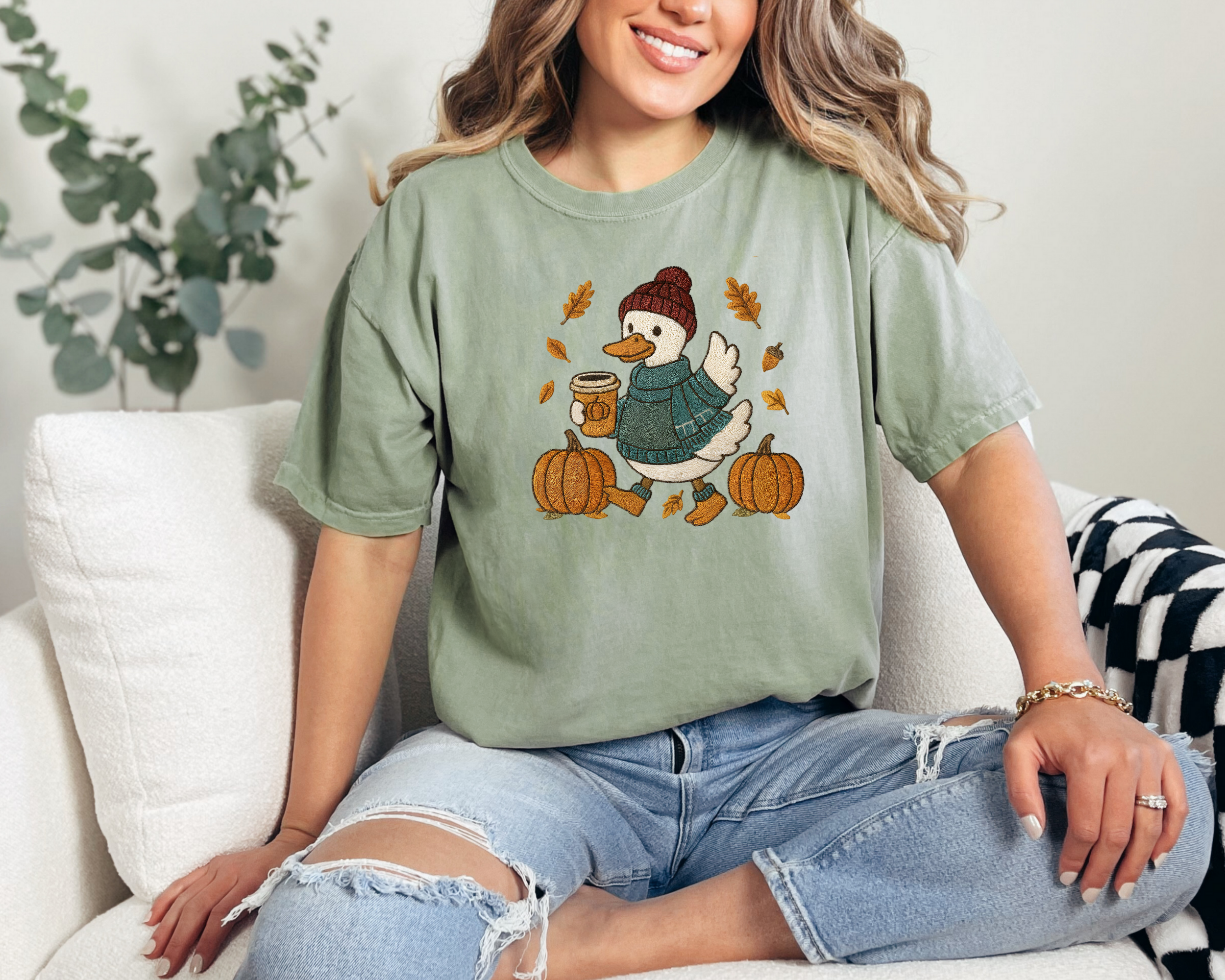 Fall Goose Faux Embroidery T-Shirt | Women's Fall Shirt