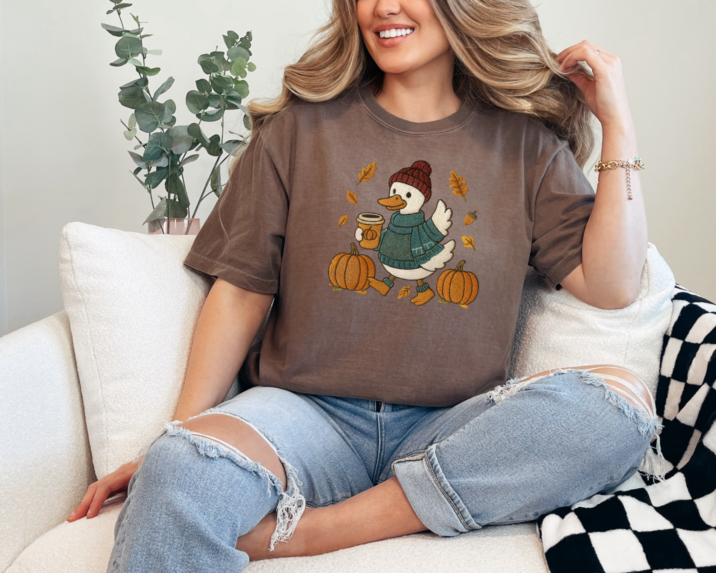 Fall Goose Faux Embroidery T-Shirt | Women's Fall Shirt