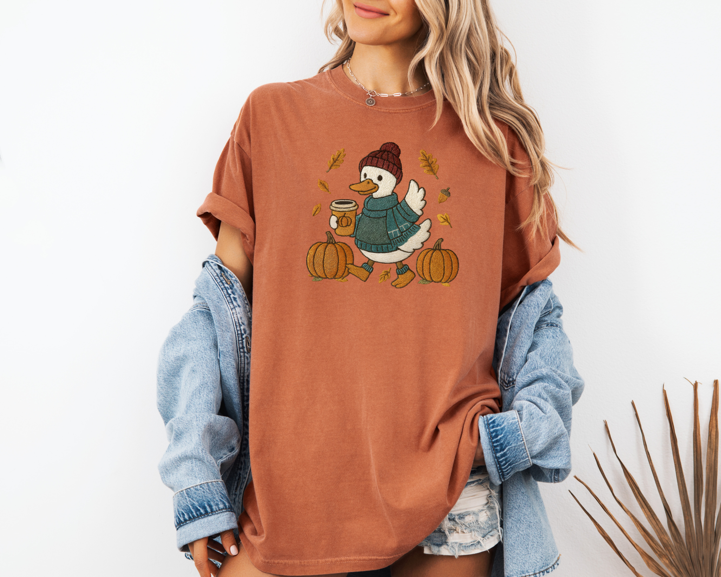 Fall Goose Faux Embroidery T-Shirt | Women's Fall Shirt
