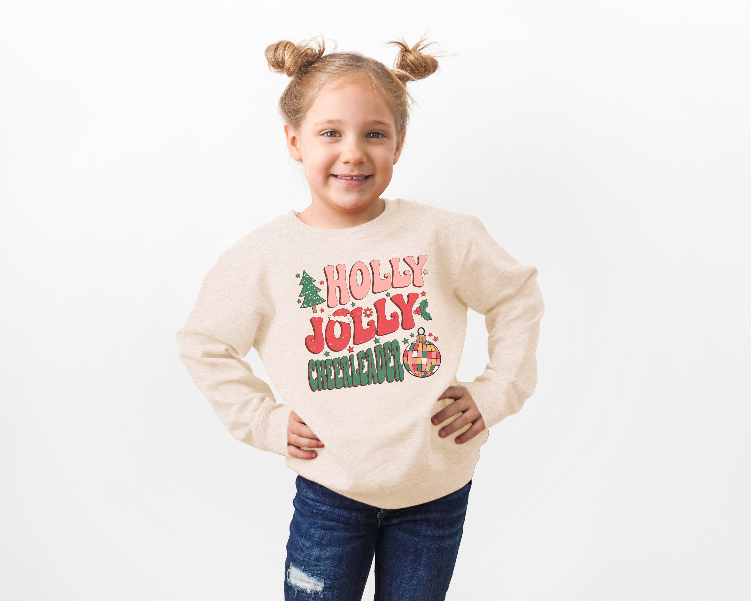 Holly jolly cheerleader sweatshirt for Christmas.  Sized for toddlers, kids, and teens.