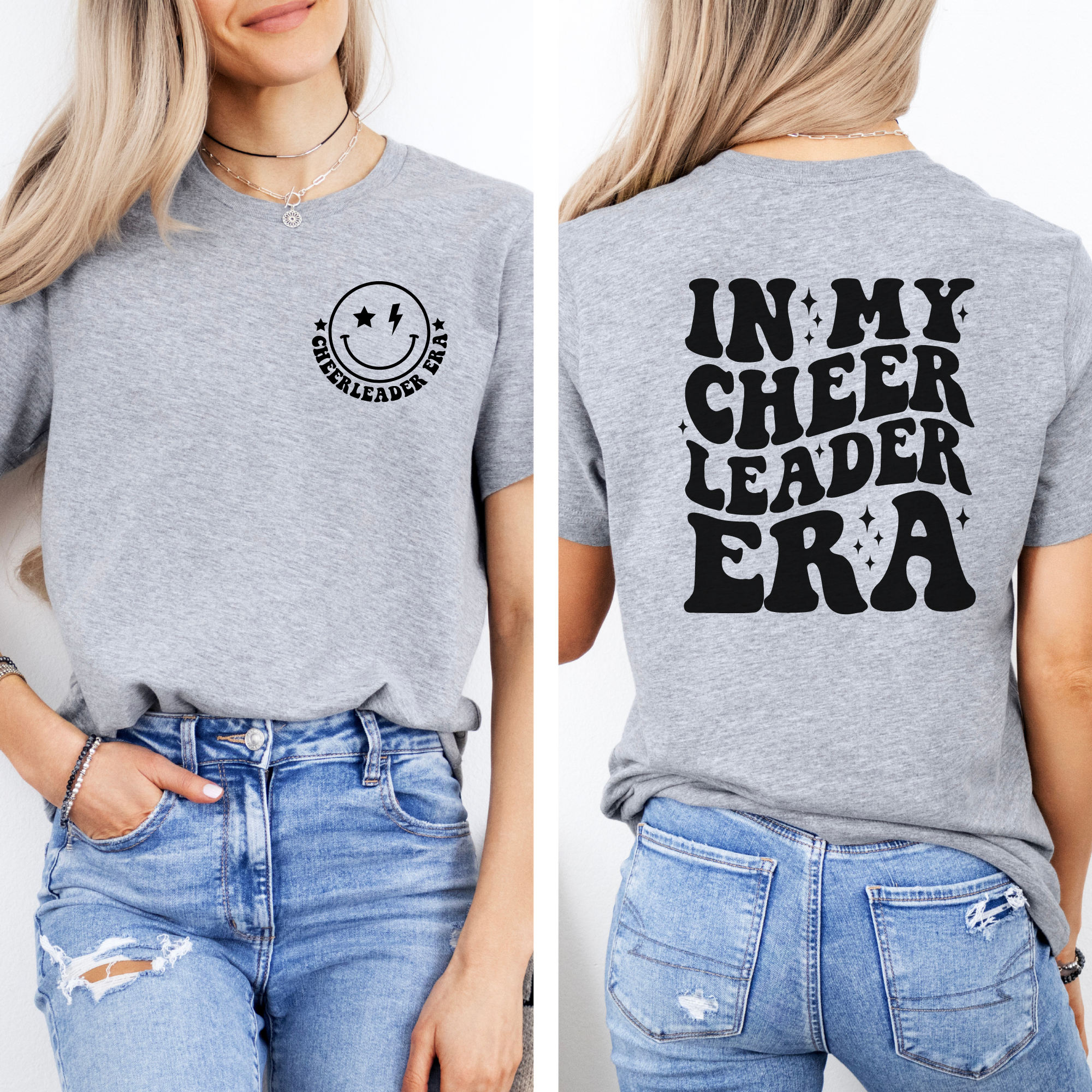 in my cheerleader era tshirt in gray.