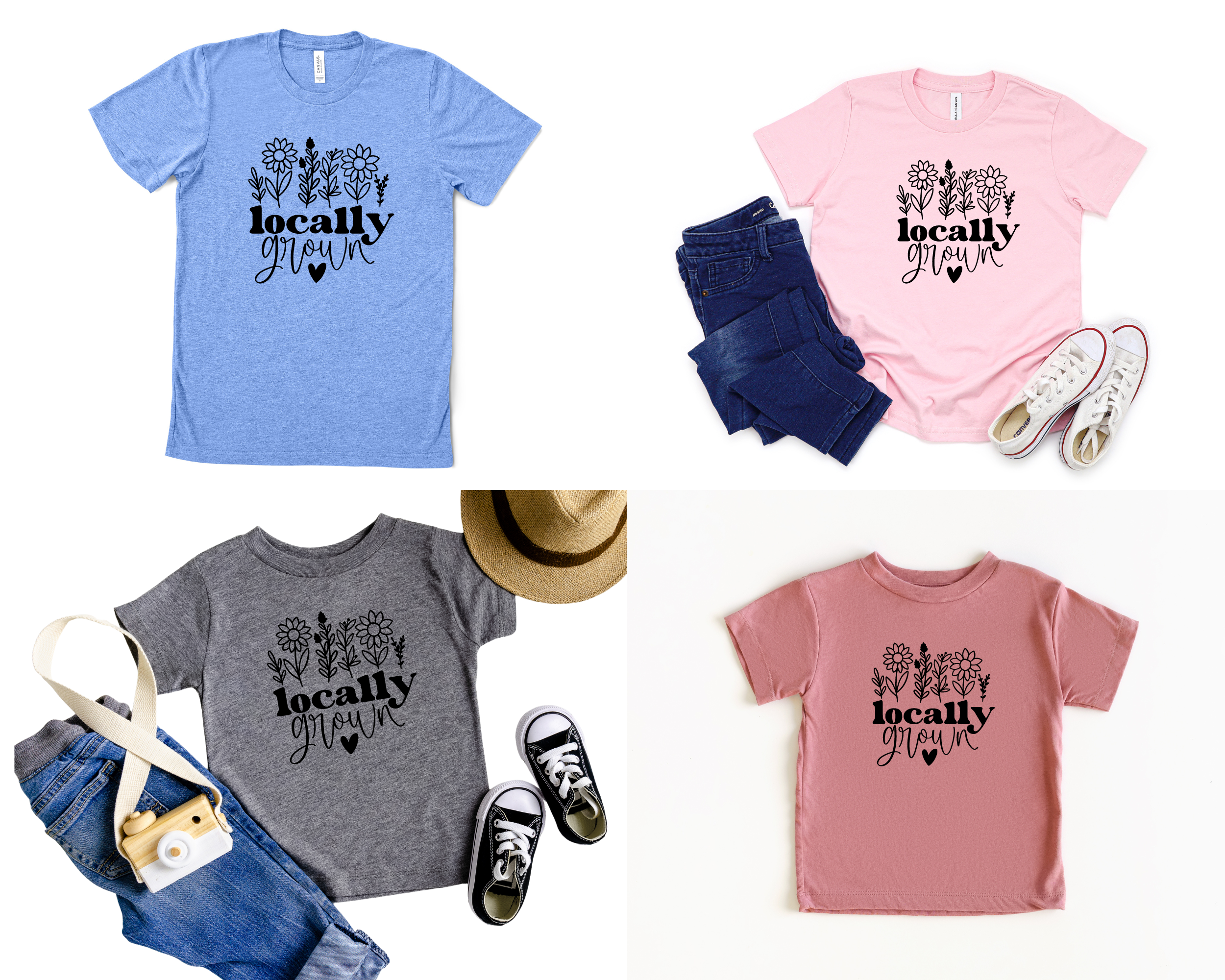 Kids spring graphic tee that says locally grown with a wildflower design above.  Colors are blue, pink, mauve, and gray