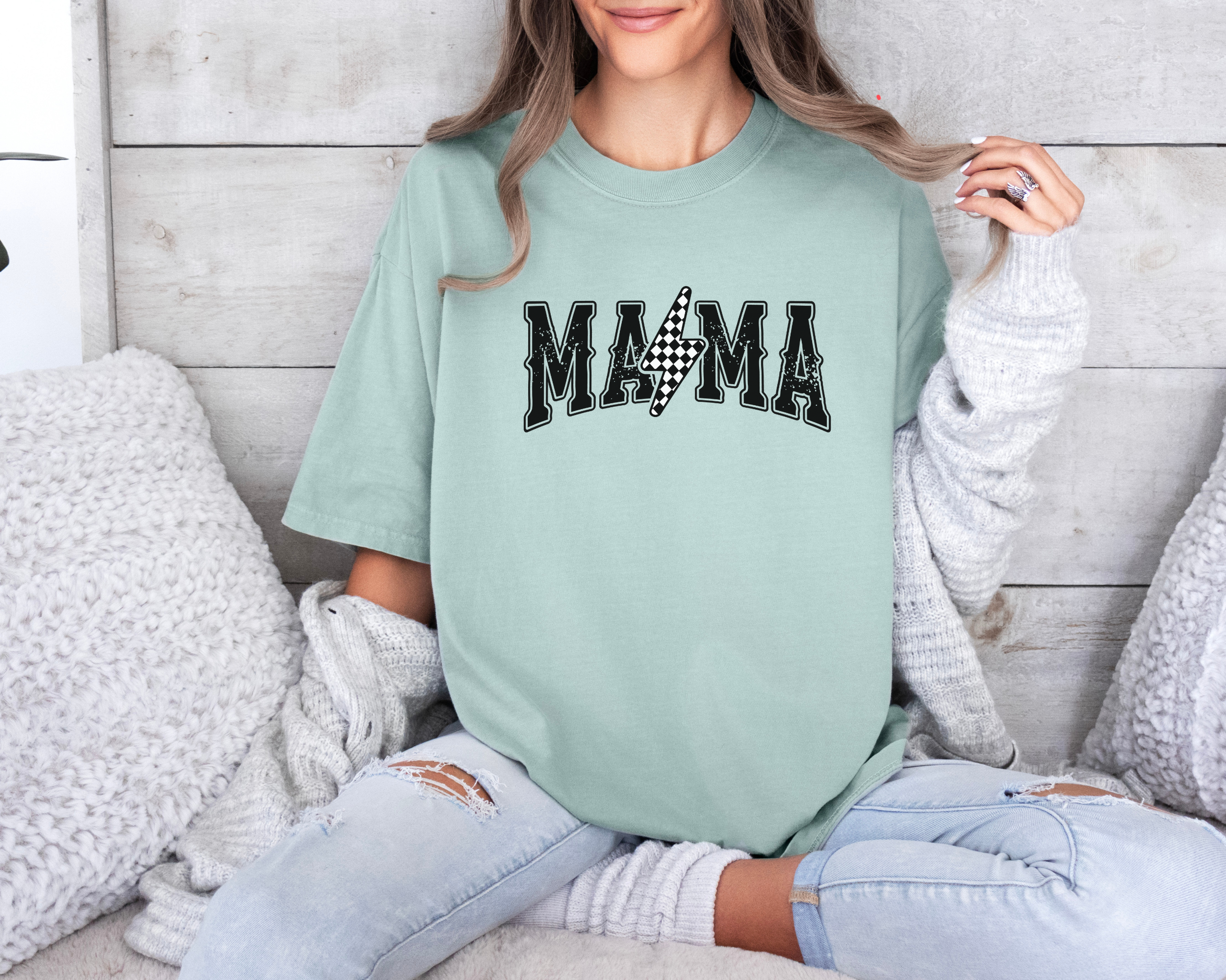 Checkered Lightening Mama T-Shirt | Cute Mom Shirt