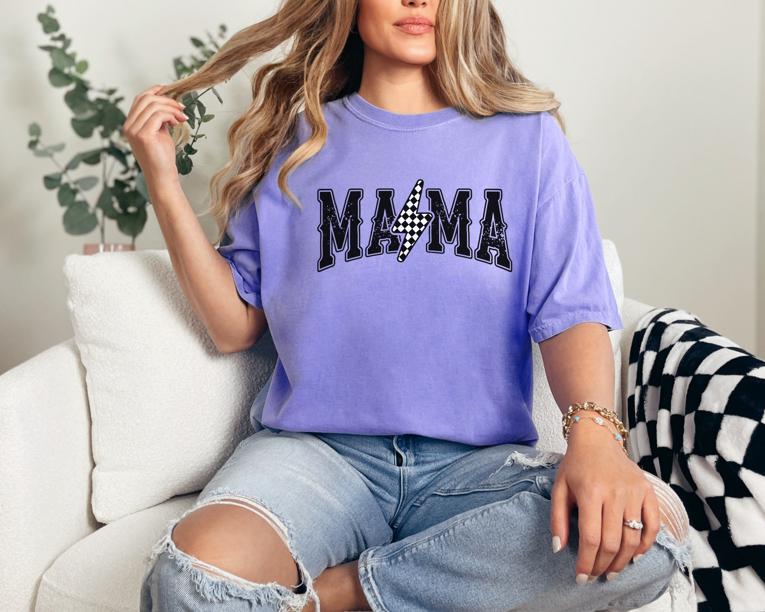 Checkered Lightening Mama T-Shirt | Cute Mom Shirt
