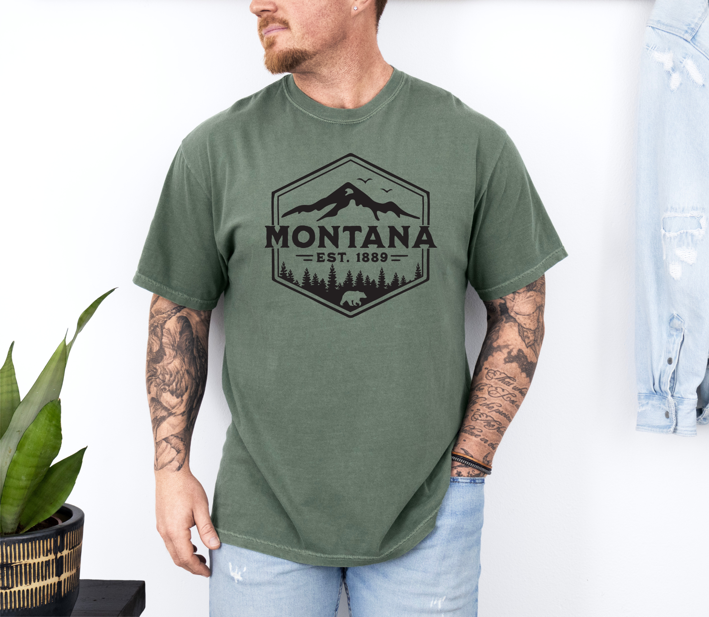 Montana graphic tee in the color moss.