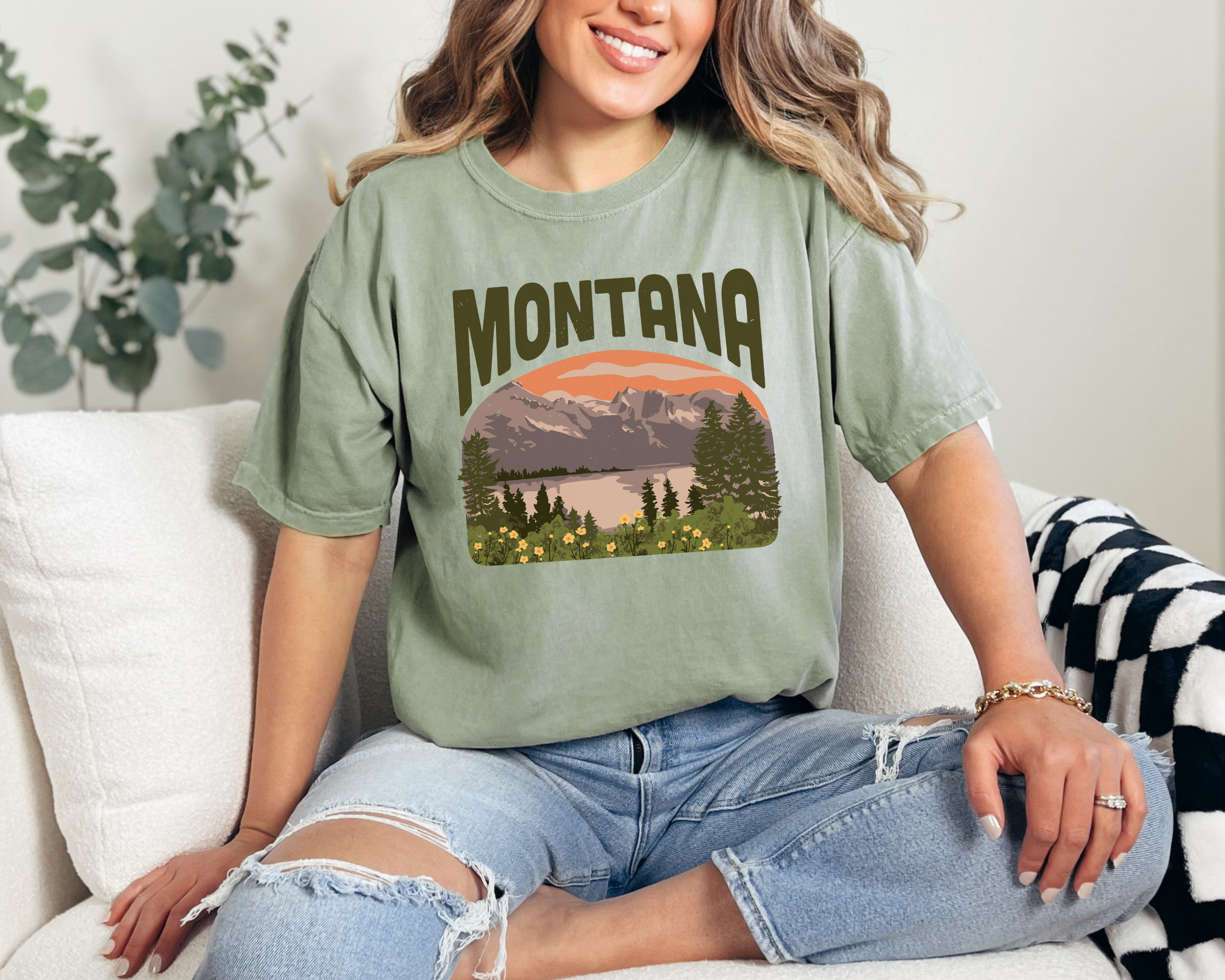Montana tshirt with a scene of mountains and a lake.  Unisex graphic tee in bay.