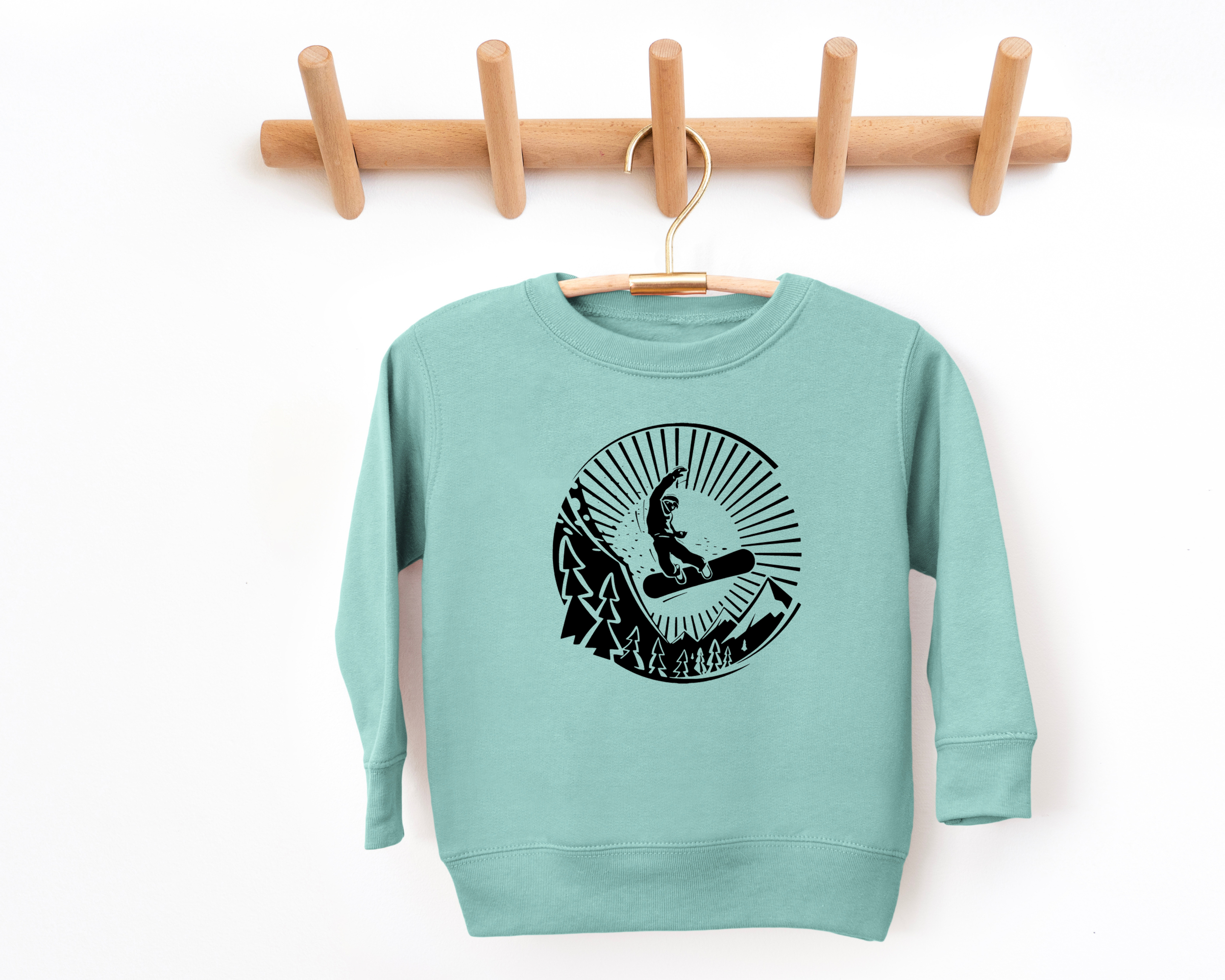 kids snowboarding sweatshirt in the color saltwater with a black design