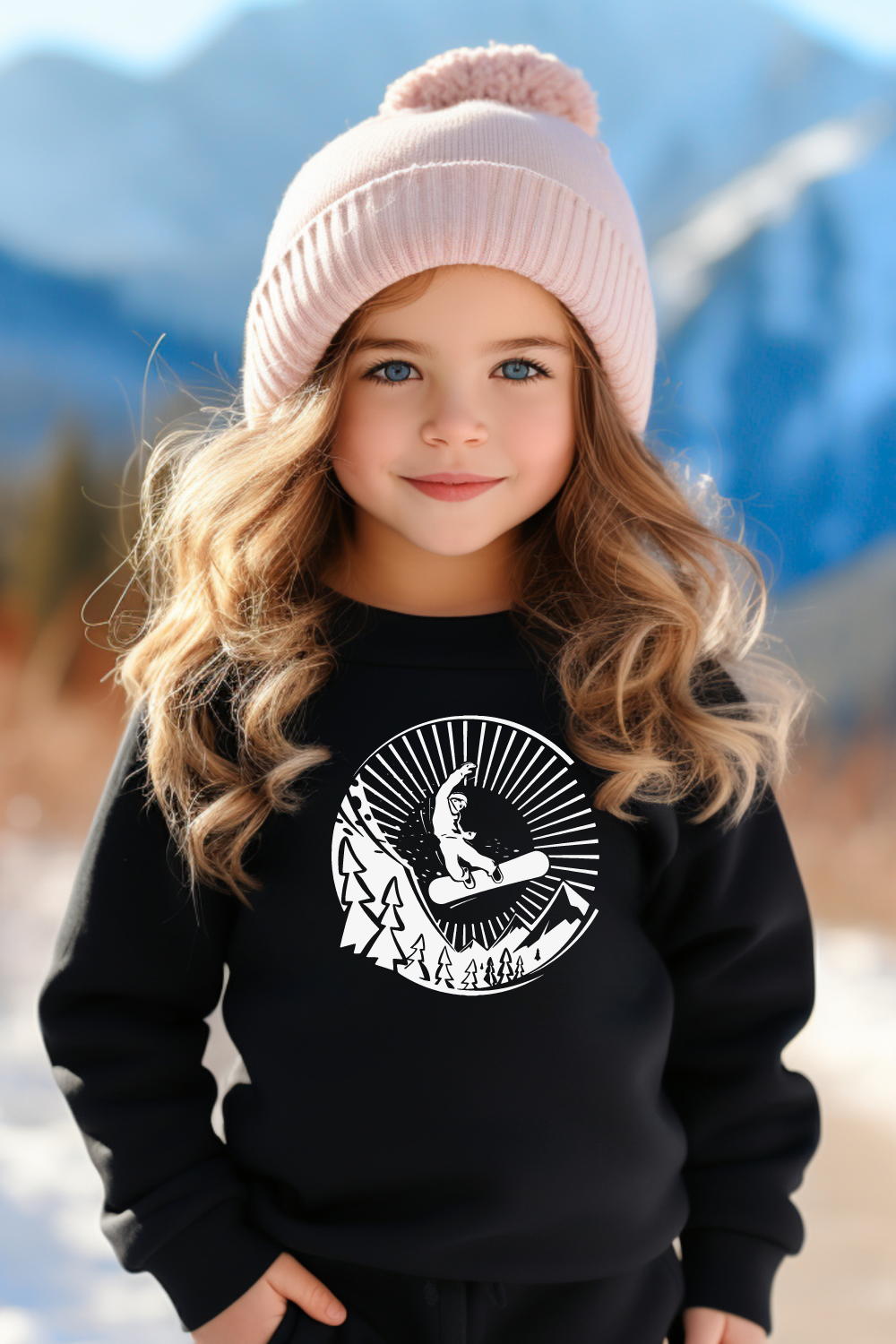 Kids snowboarding sweatshirt made in black with a white design.  The design is circular and within is a snowboarder jumping, trees, and ray designs going in all directions around snow splatter.