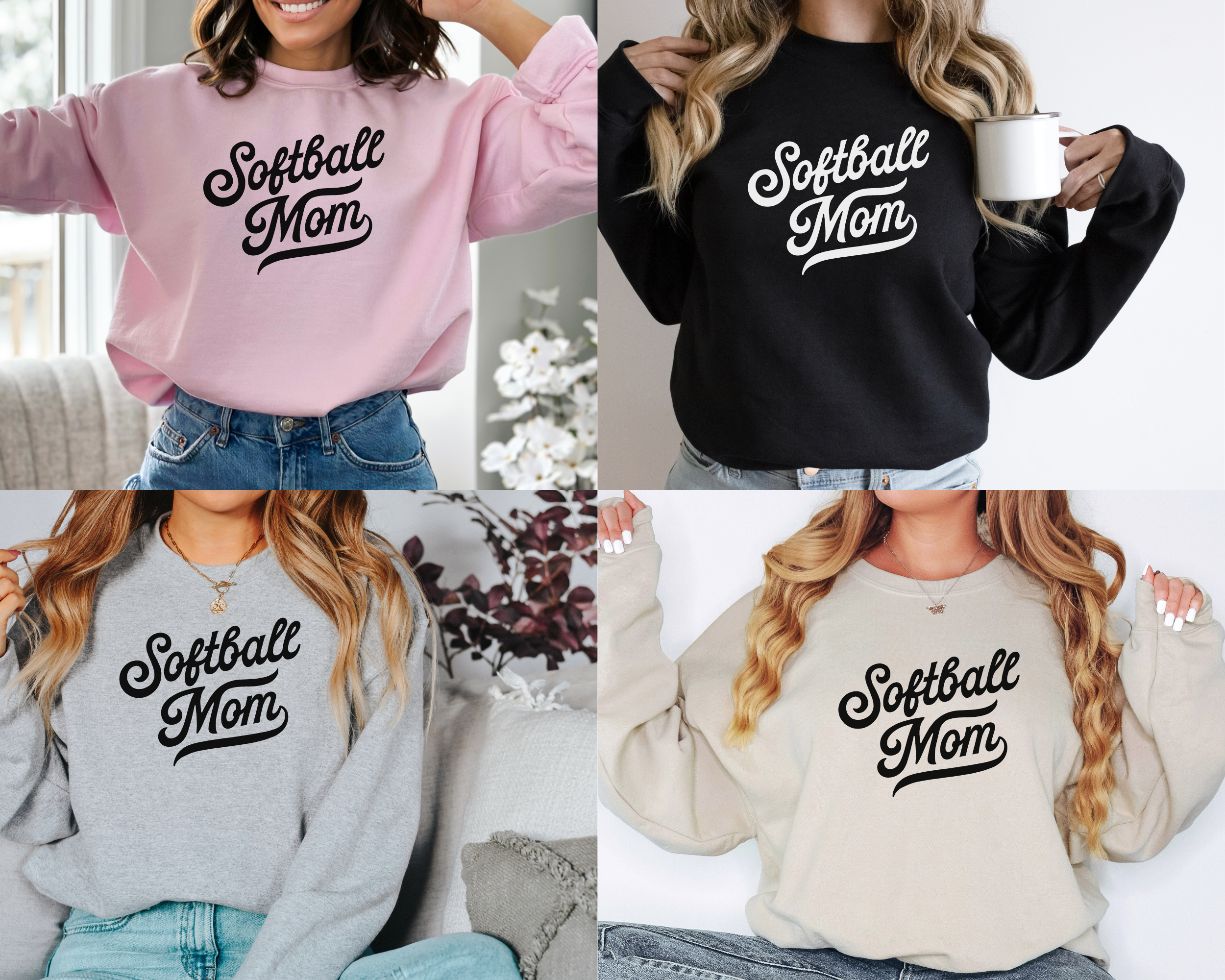 softball mom sweatshirts in pink, black, gray, and sand.