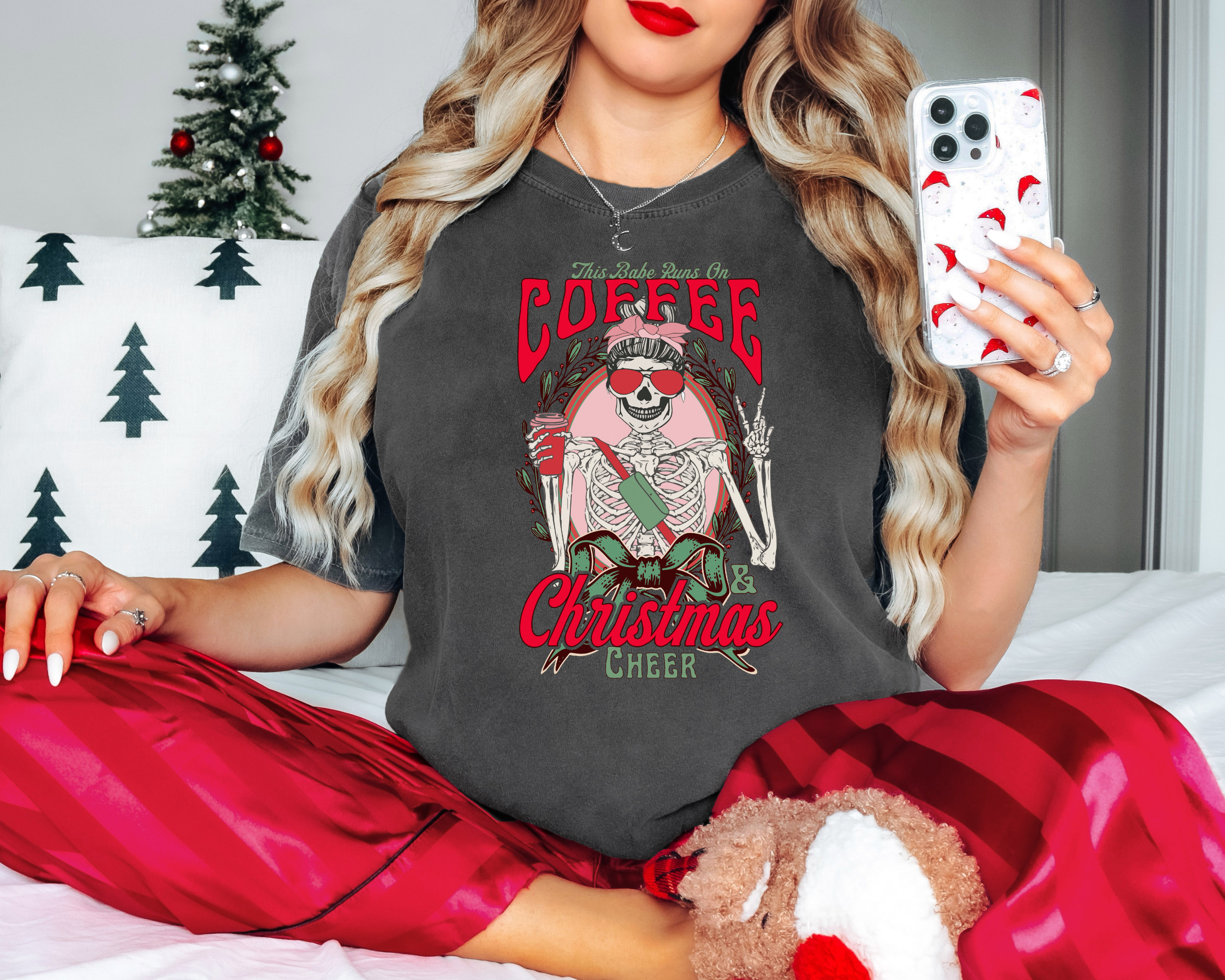 This Babe Runs On Coffee and Christmas Cheer T-Shirt | Women's Christmas T-Shirt