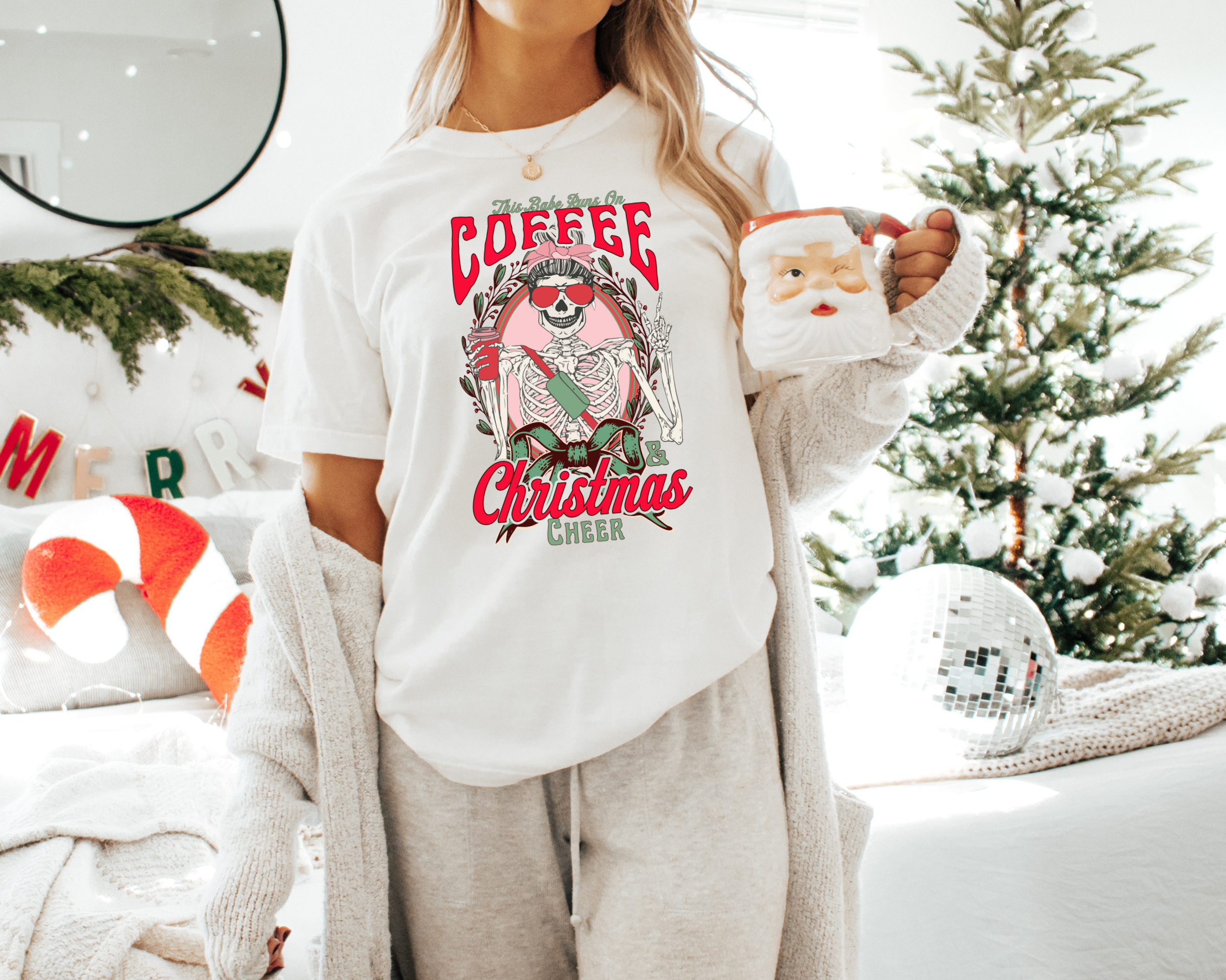 This Babe Runs On Coffee and Christmas Cheer T-Shirt | Women's Christmas T-Shirt